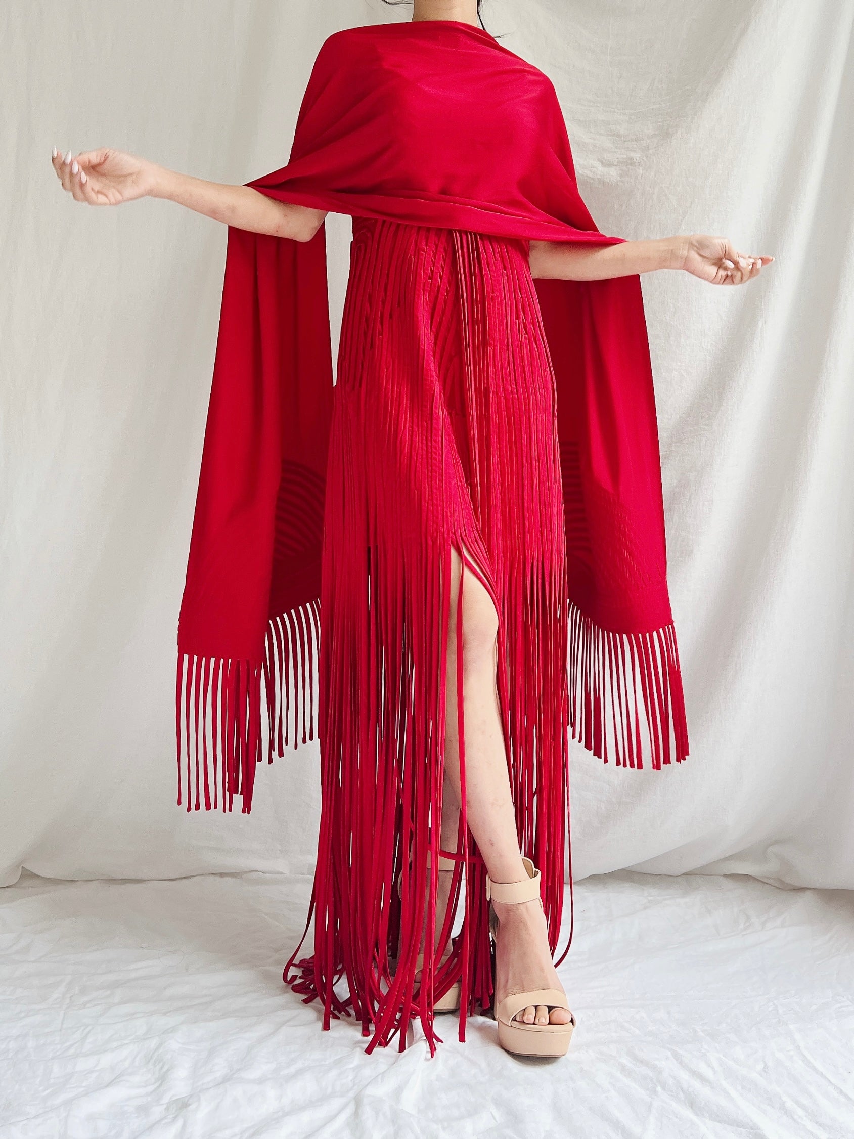 Vintage Sue Wong Silk Fringed Gown with Scarf - M