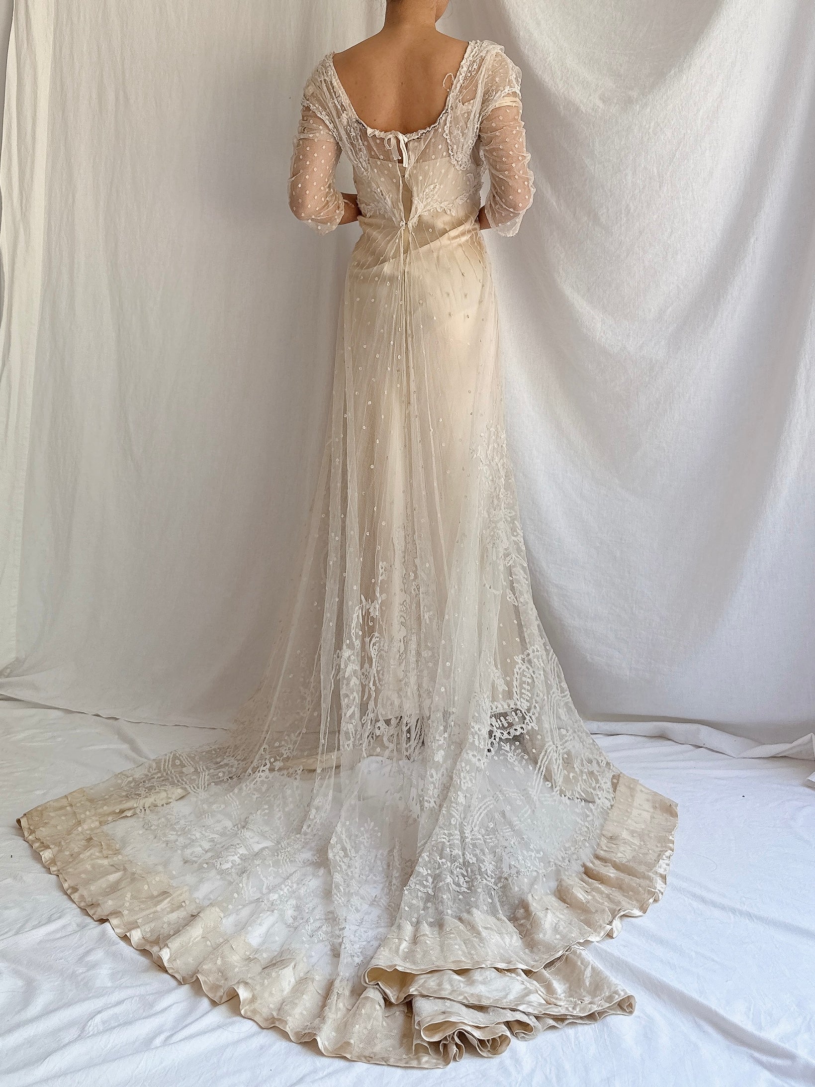 Antique Duchesse Lace Gown with Silk Slip - S