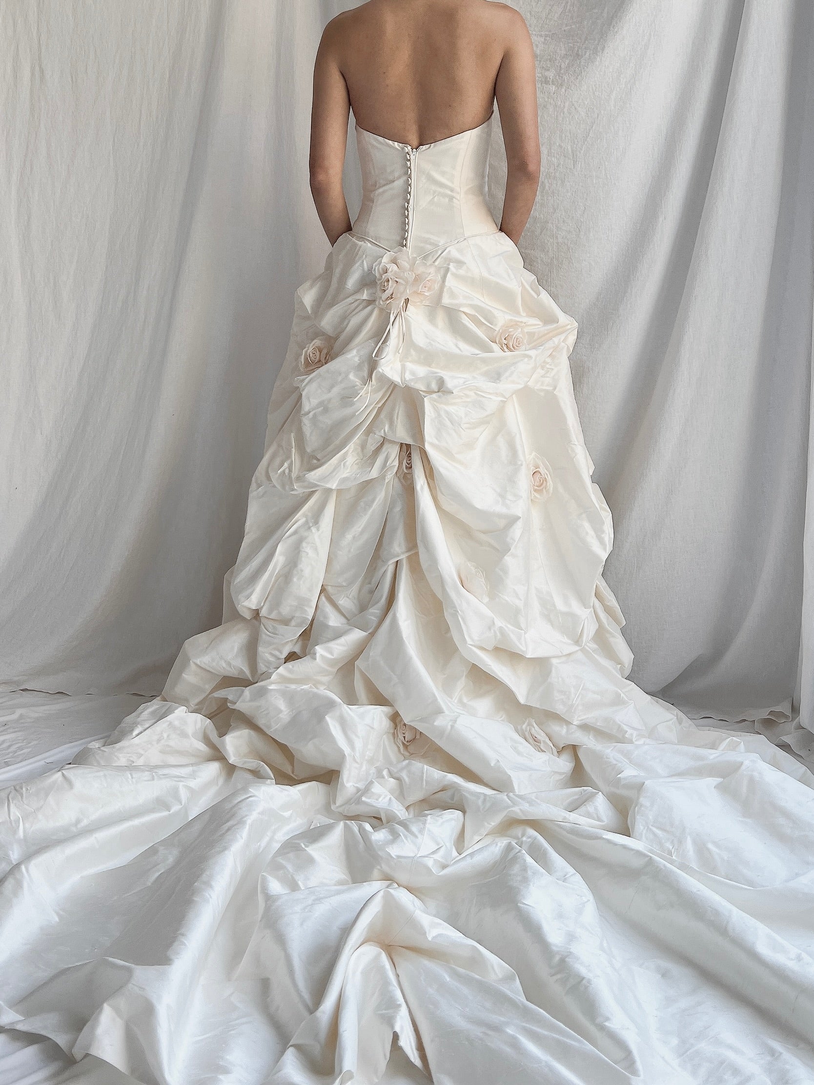1990s Silk Dropped Waist Draped Rosette Gown - S/6