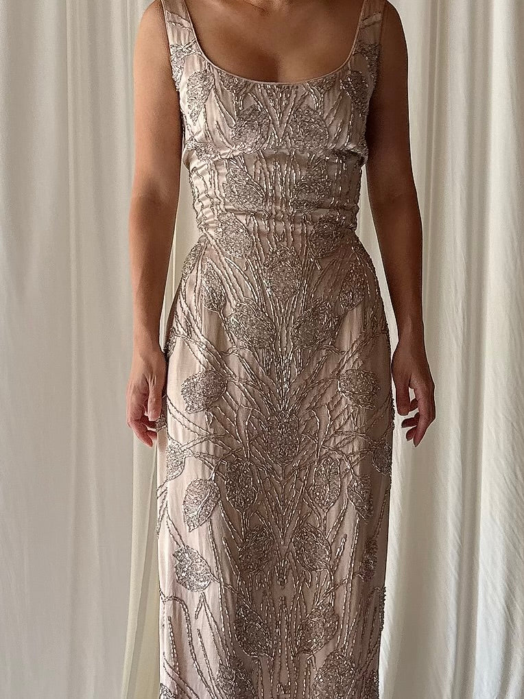 1960s Dusty Pink Silk Beaded Gown - S/M