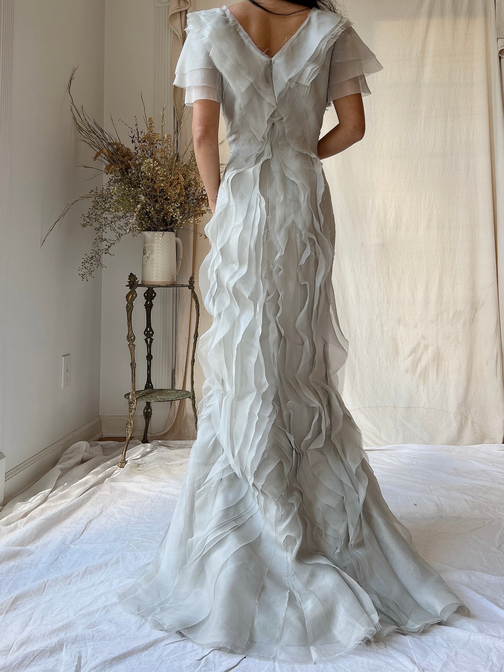 Vintage J. Mendel Smoke Gray Silk Organza Ruffle Gown - M/L 8/10