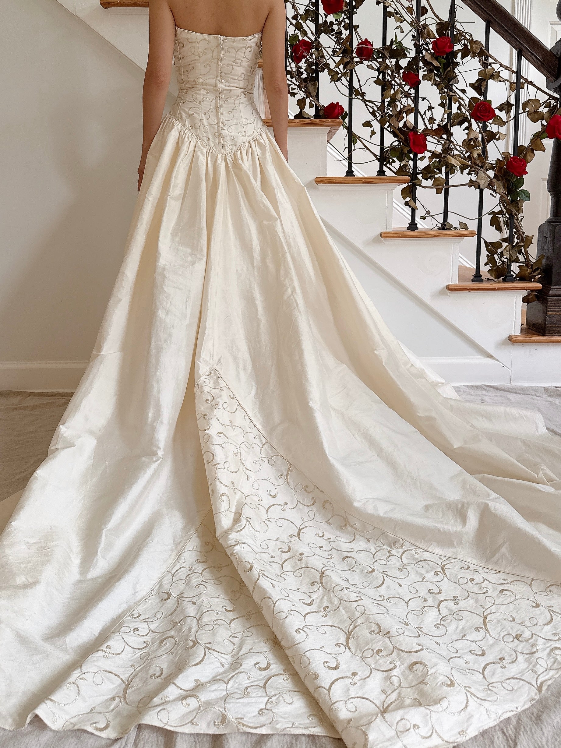 1990s Ivory Strapless Gold Embroidered Gown - 34B/26W/53L from mid bust