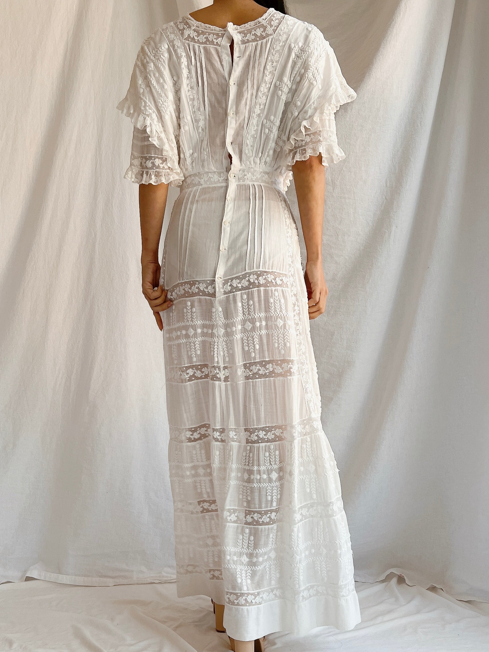 Edwardian Cotton Draped Bodice Lawn Dress - XS
