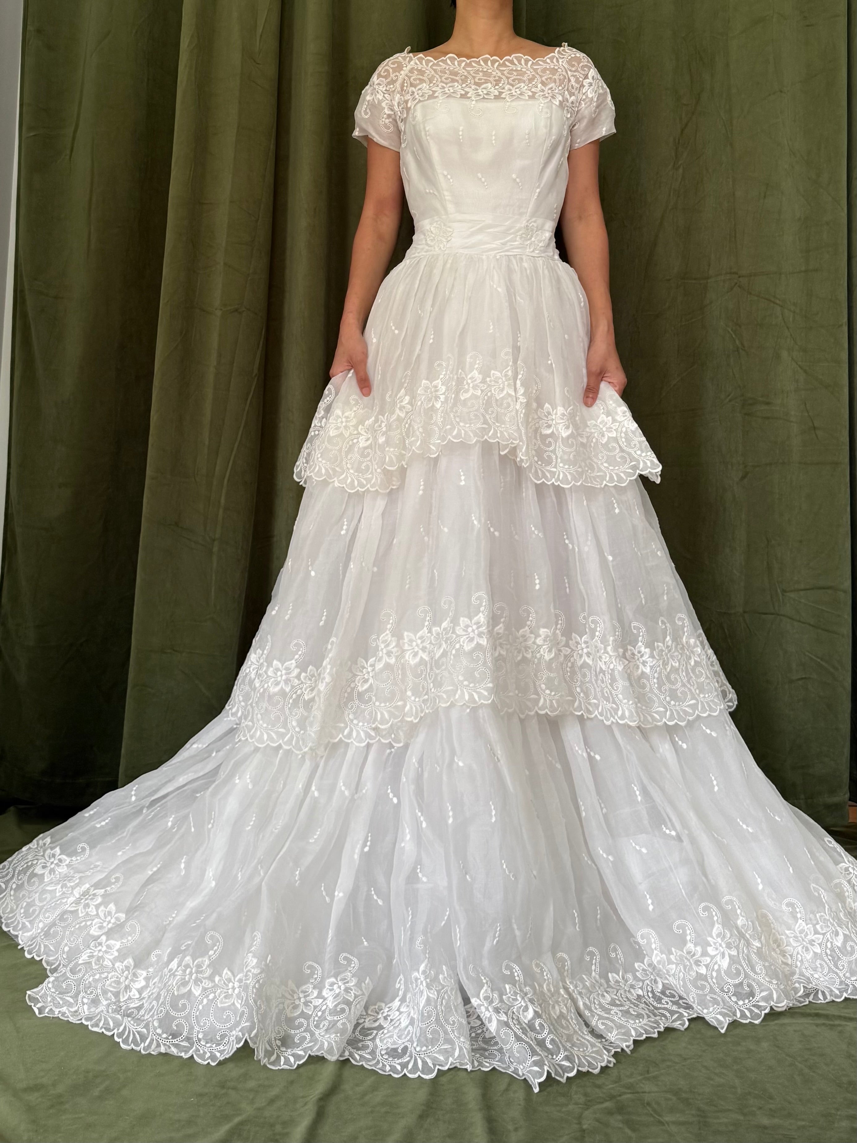 1950s Organdy Tiered Gown - XS