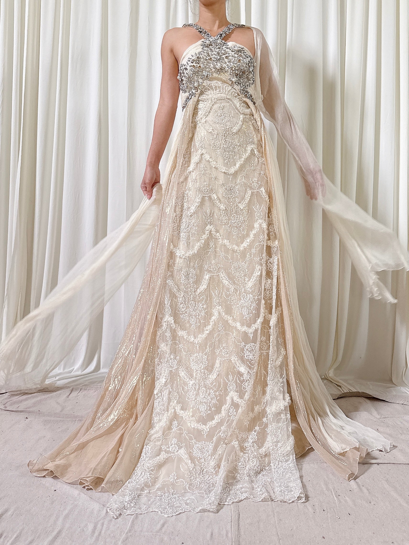 Vintage Silk Halter Beaded Dress - IT 44