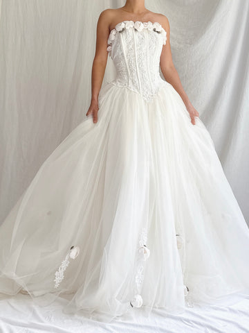RESERVED 1980s Tulle Bustier Rosette Dress - S/4