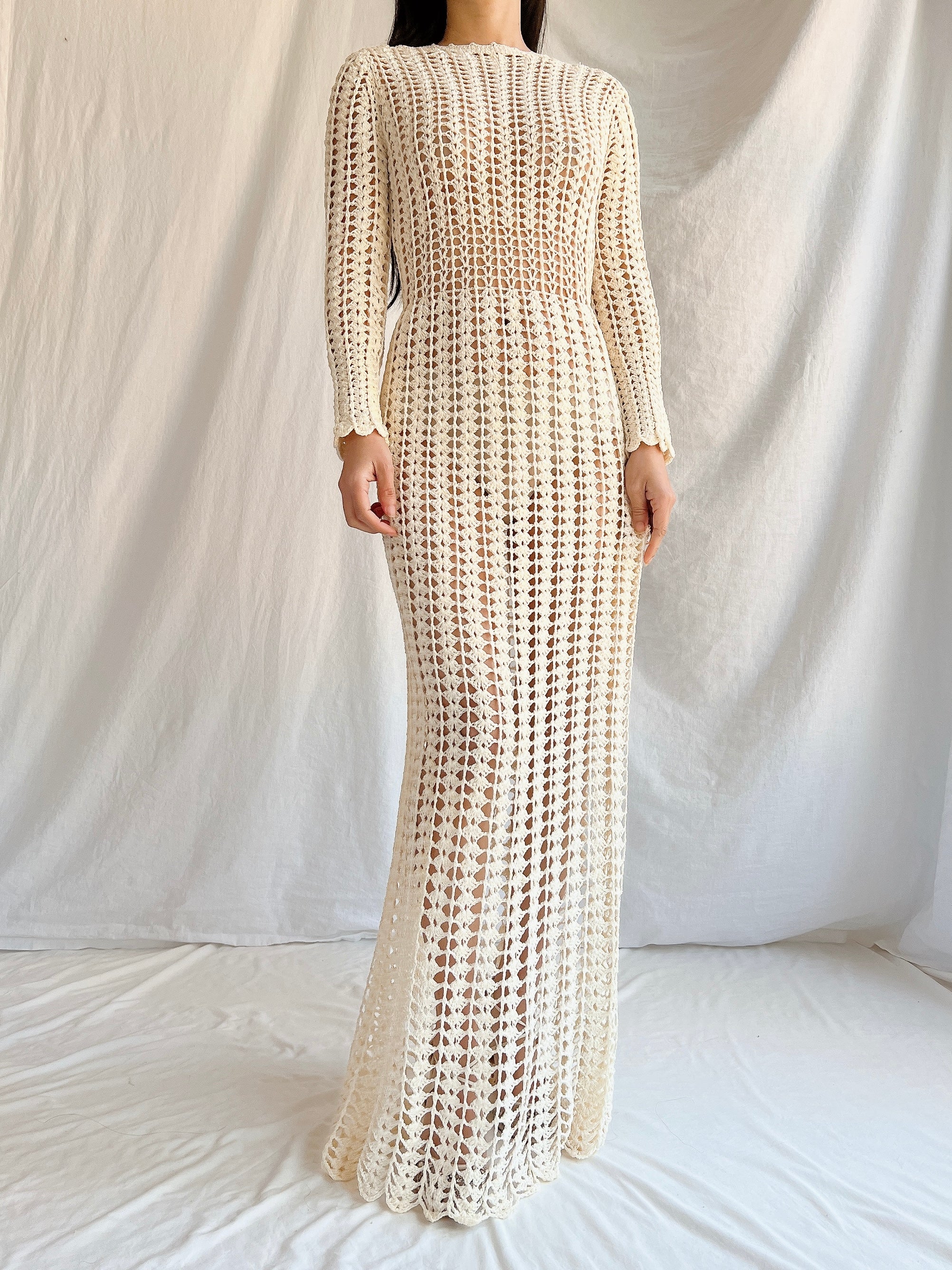1970s Reversible Crochet Long Sleeve Dress - S