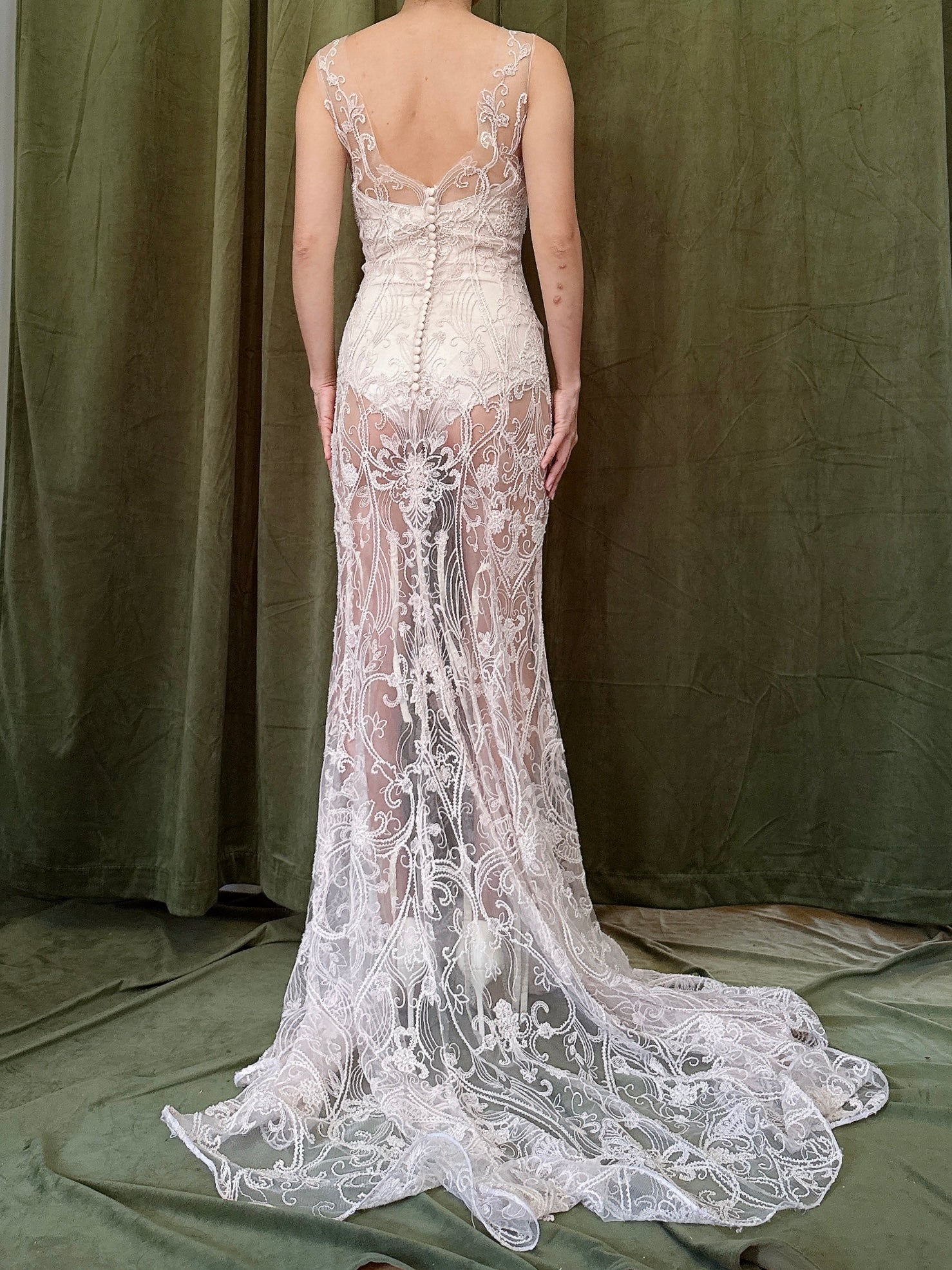 00 Light Pink Sheer Beaded Gown - M