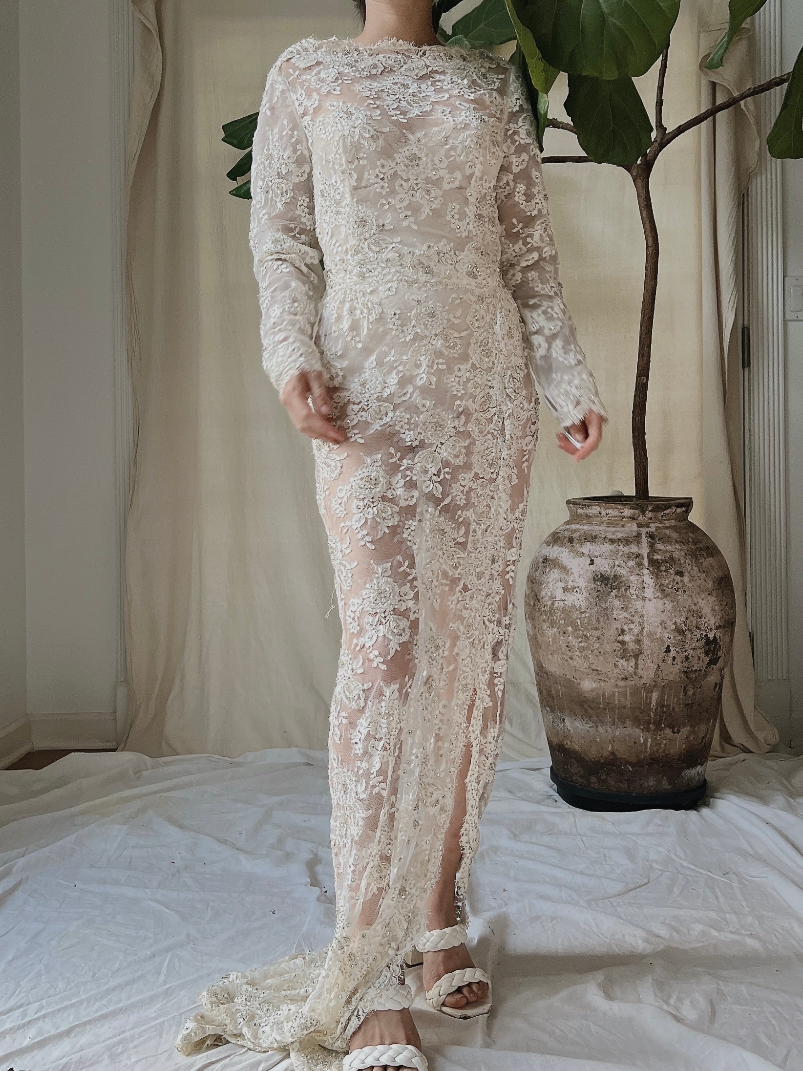 Vintage Silk Lace Beaded Gown - S