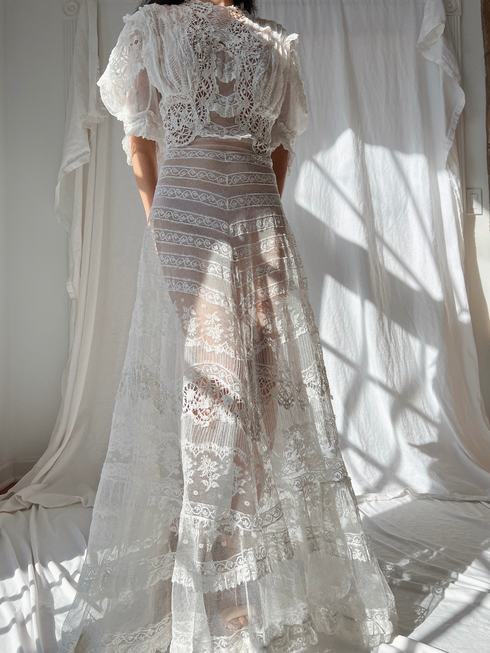 Rare Puff Sleeve Antique Tulle and Valenciennes Gown - S