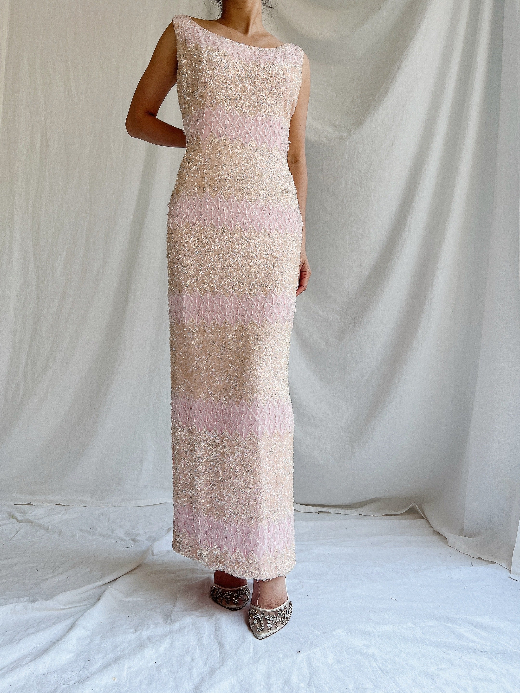 1960s Pink Silk Sequins Dress - SM