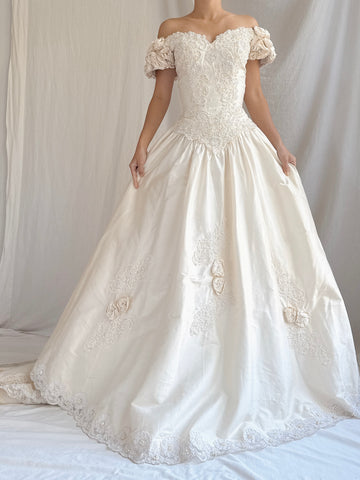 Vintage Silk Rosette Off-the-Shoulder Gown - M