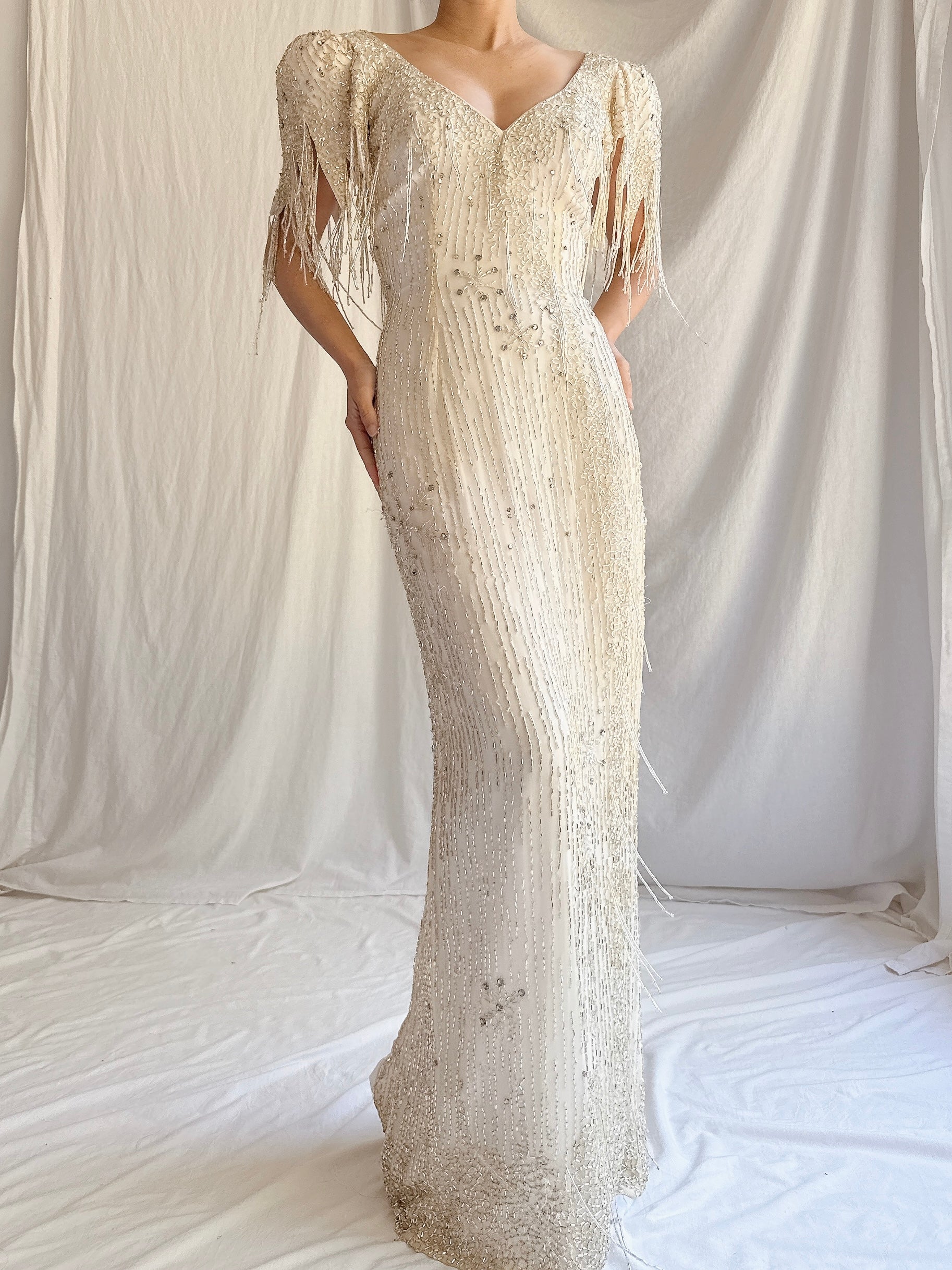 1980s Silk Chiffon Beaded Tassel Gown - S