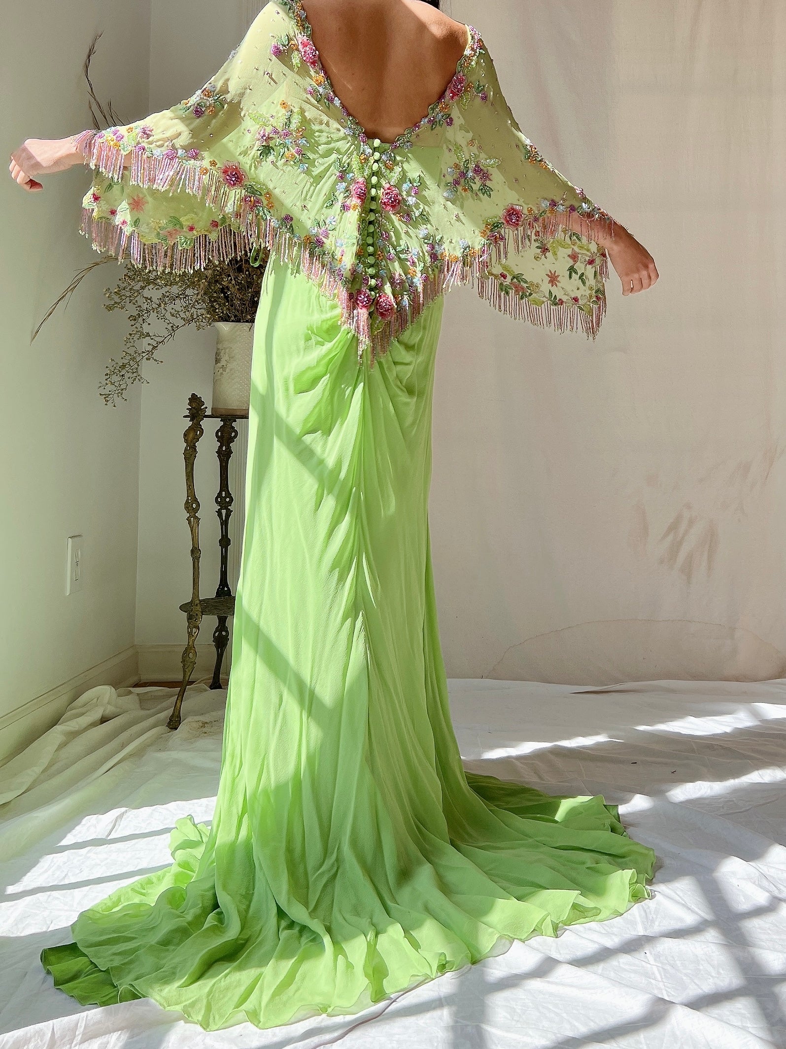 Vintage Chartreuse Belleville Sassoon Silk Cape Dress - XL/UK18