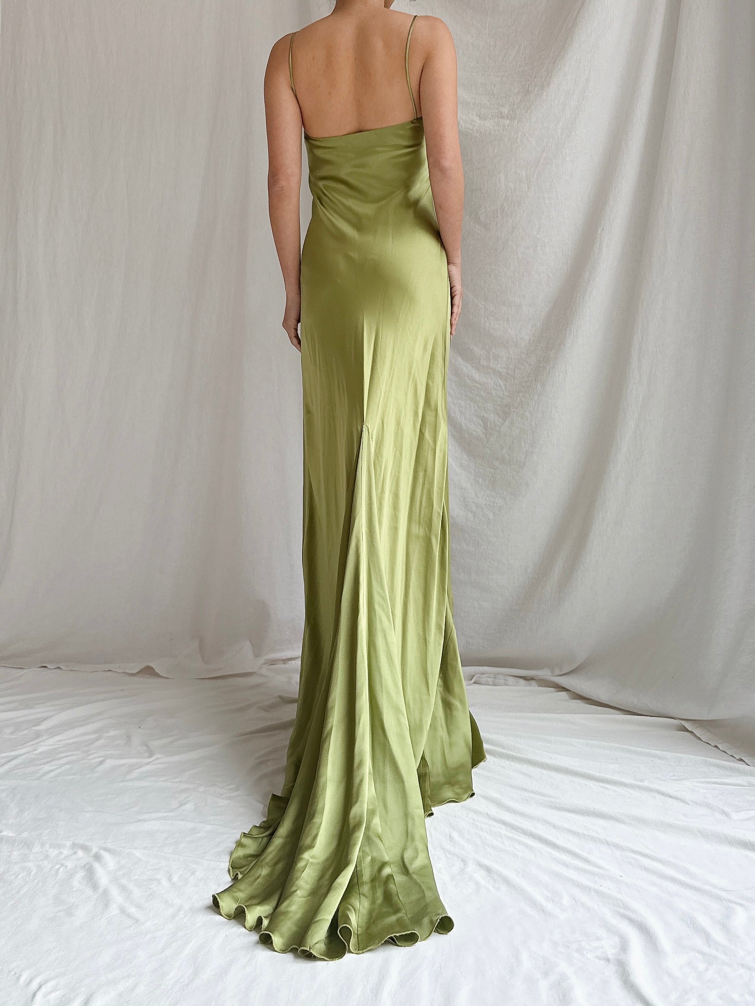 Vintage Moss Green Silk Charmeuse Gown - M/8