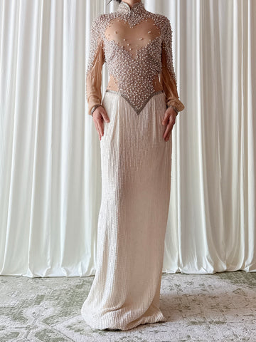 Vintage Ivory Silk Beaded Dress - Size 6