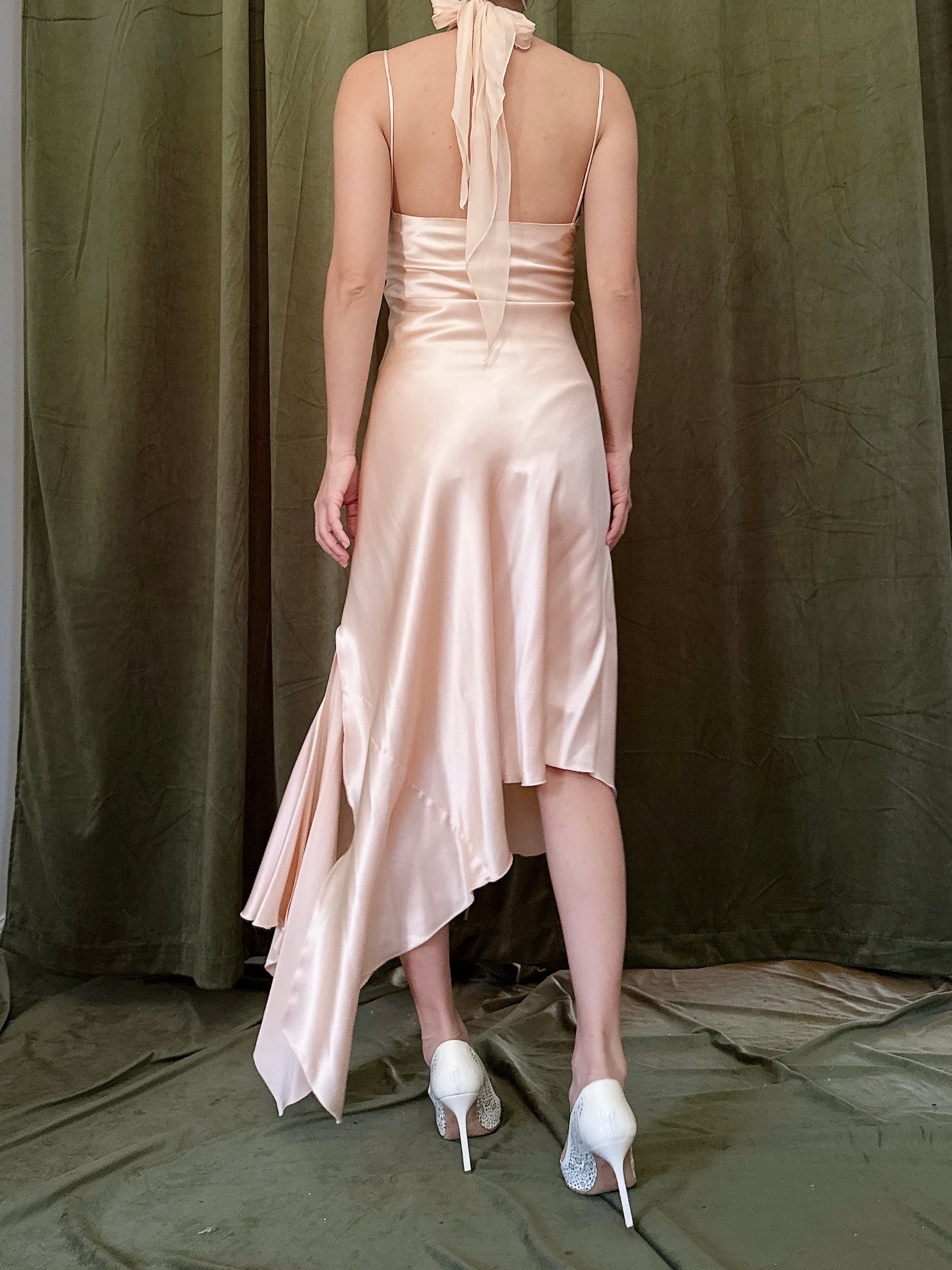 Vintage Peach Silk Halter Dress - M