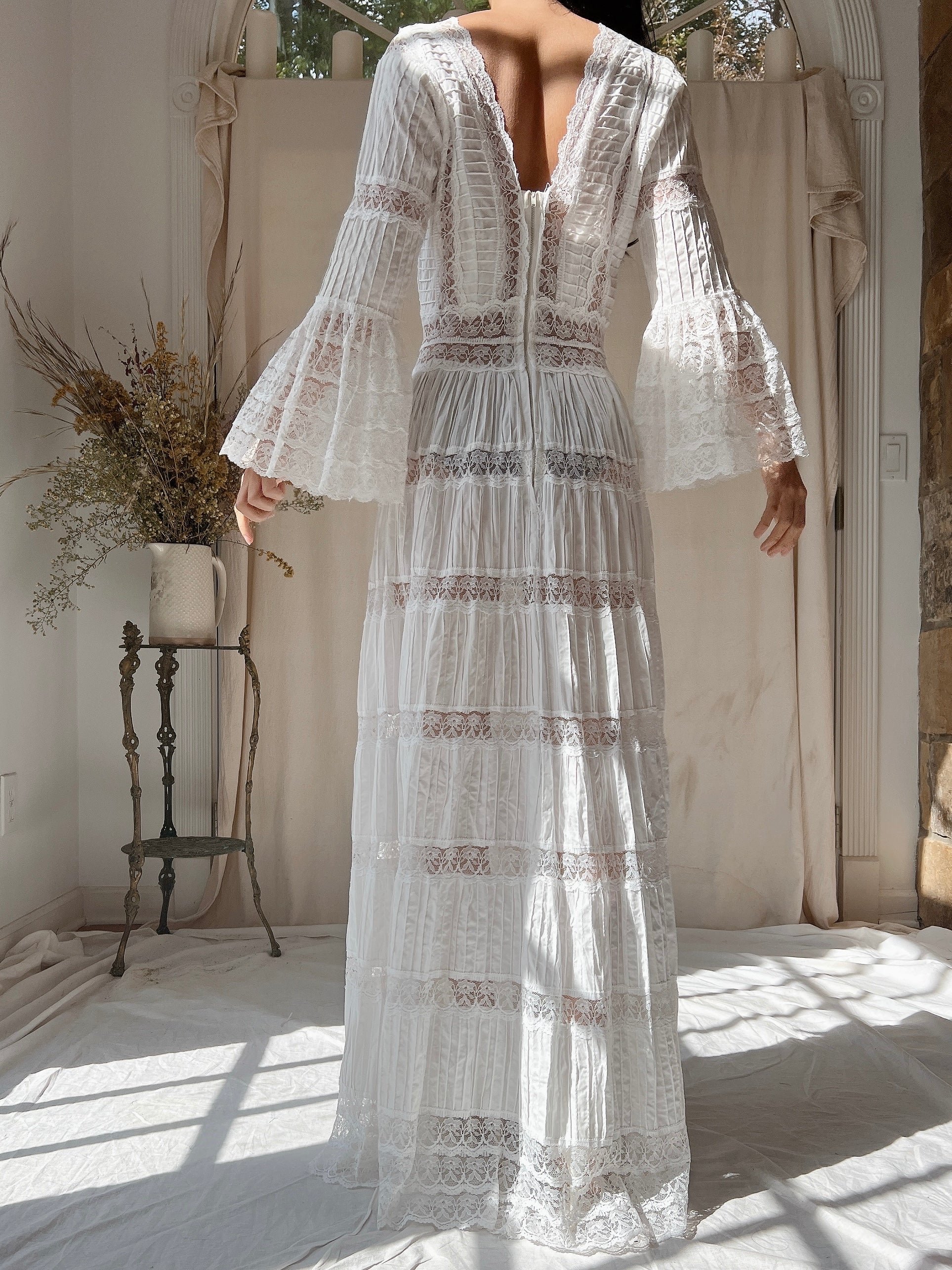 1970s Bell Sleeves Cotton Gown - XS
