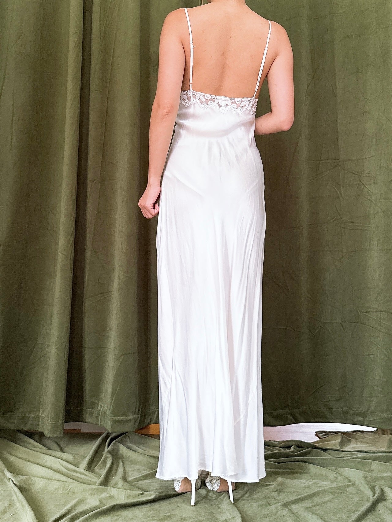 Vintage Embroidered Plunging Silk Slip - S