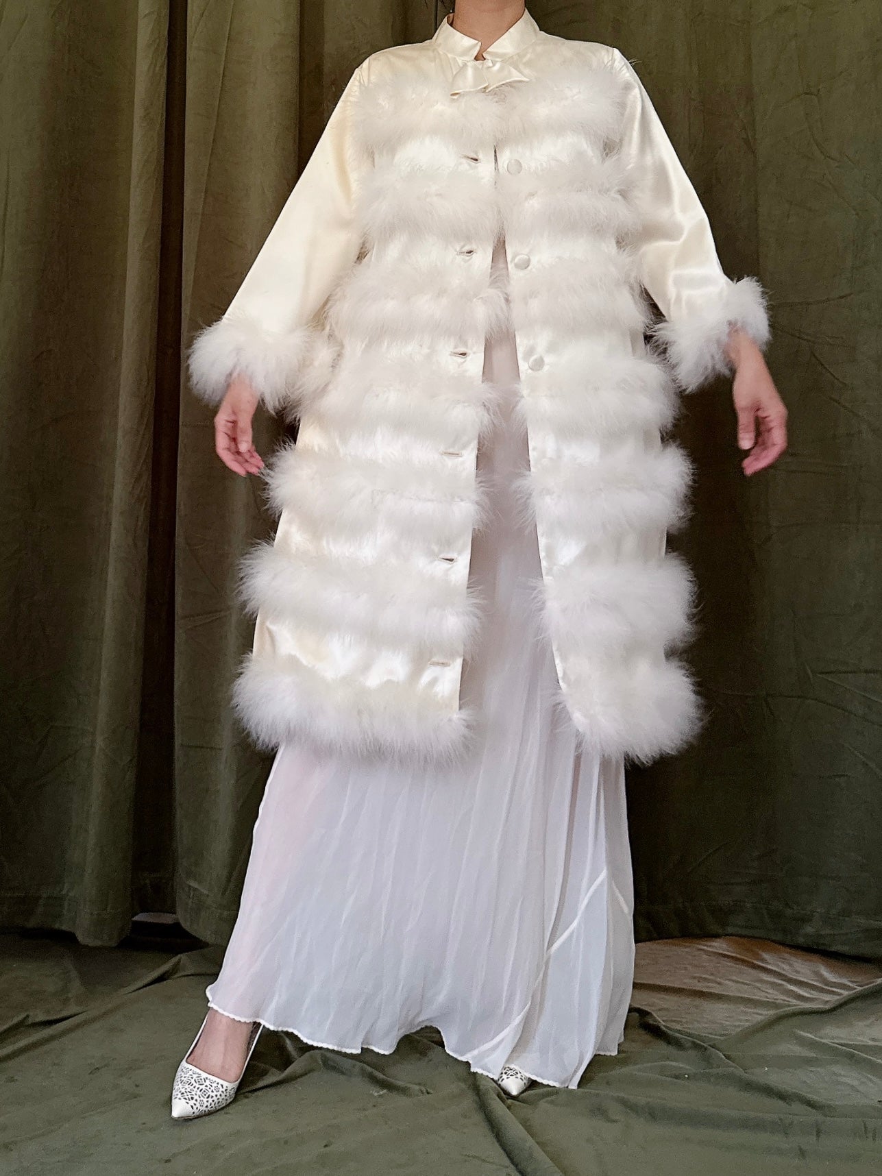 Vintage Satin Marabou Duster - M