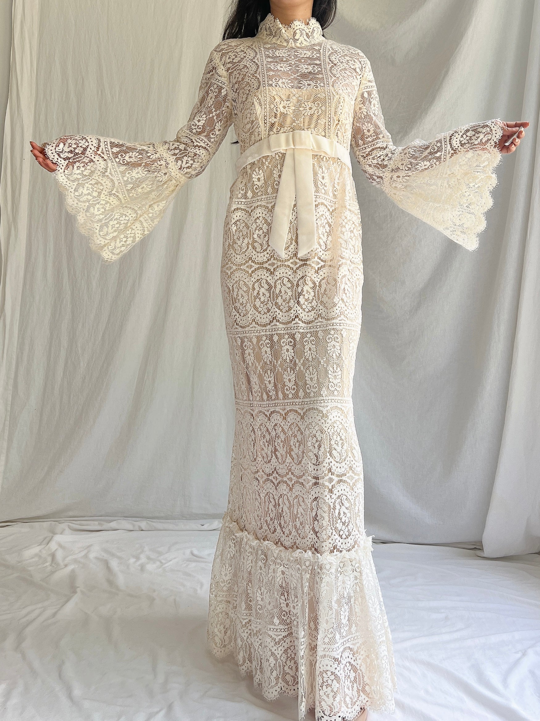 1970s Bell Sleeves Crochet Dress - XS
