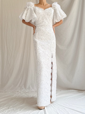 1980s Alencon Off-the-Shoulder Flutter Sleeve Gown - S/M