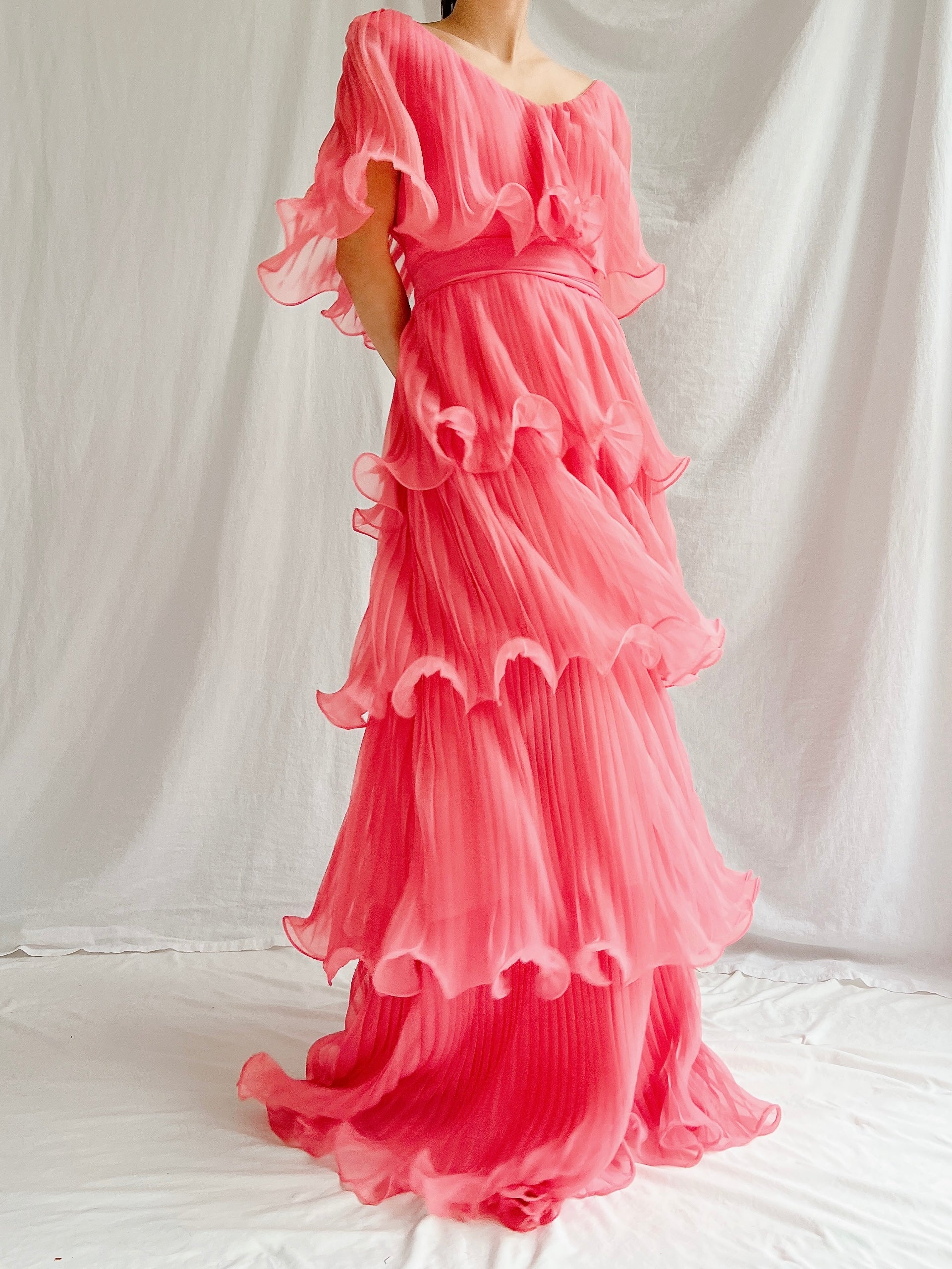 Vintage Watermelon Tiered Chiffon Dress - XS