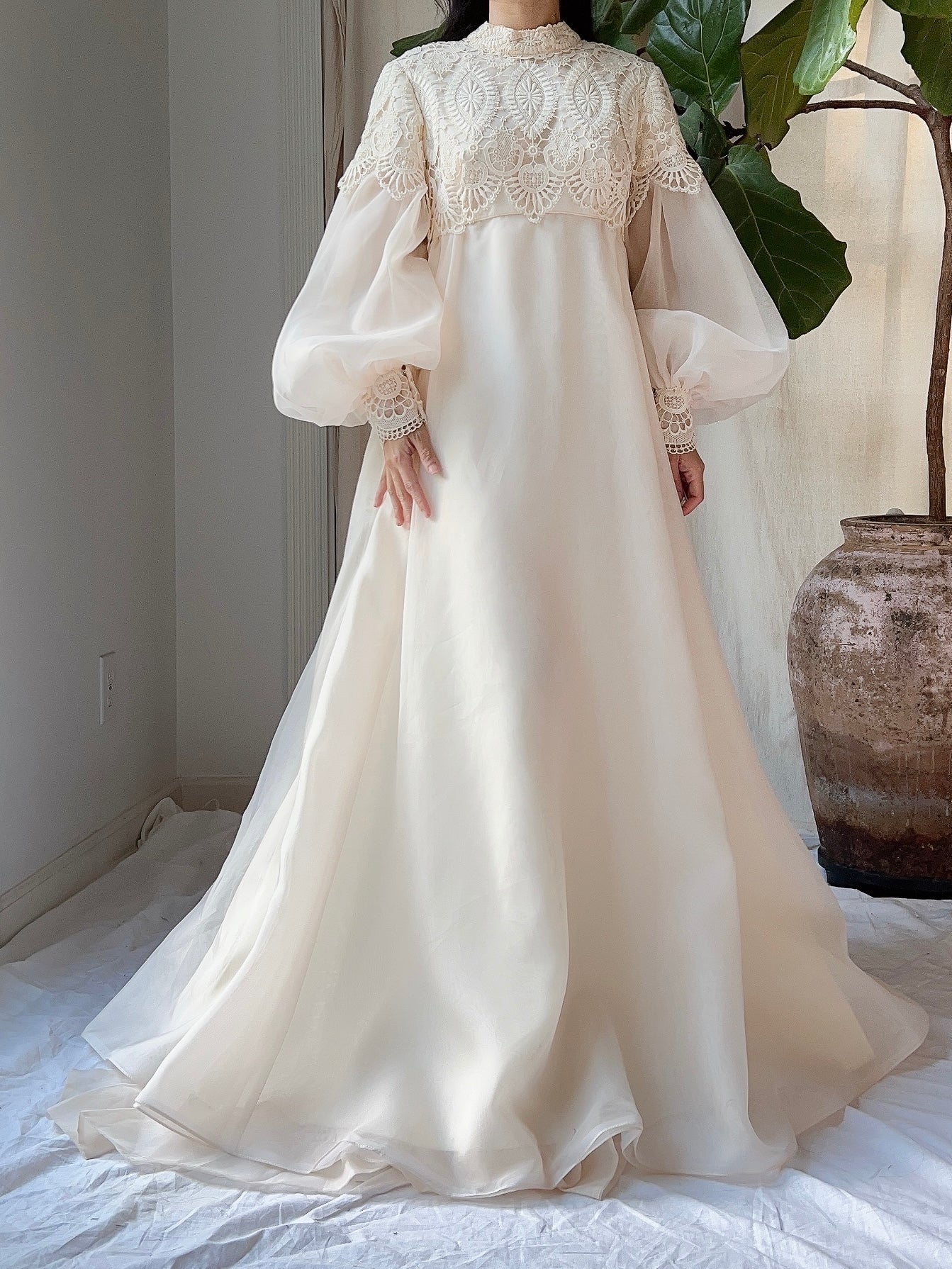 Vintage Puff Sleeves High Neck Gown - M