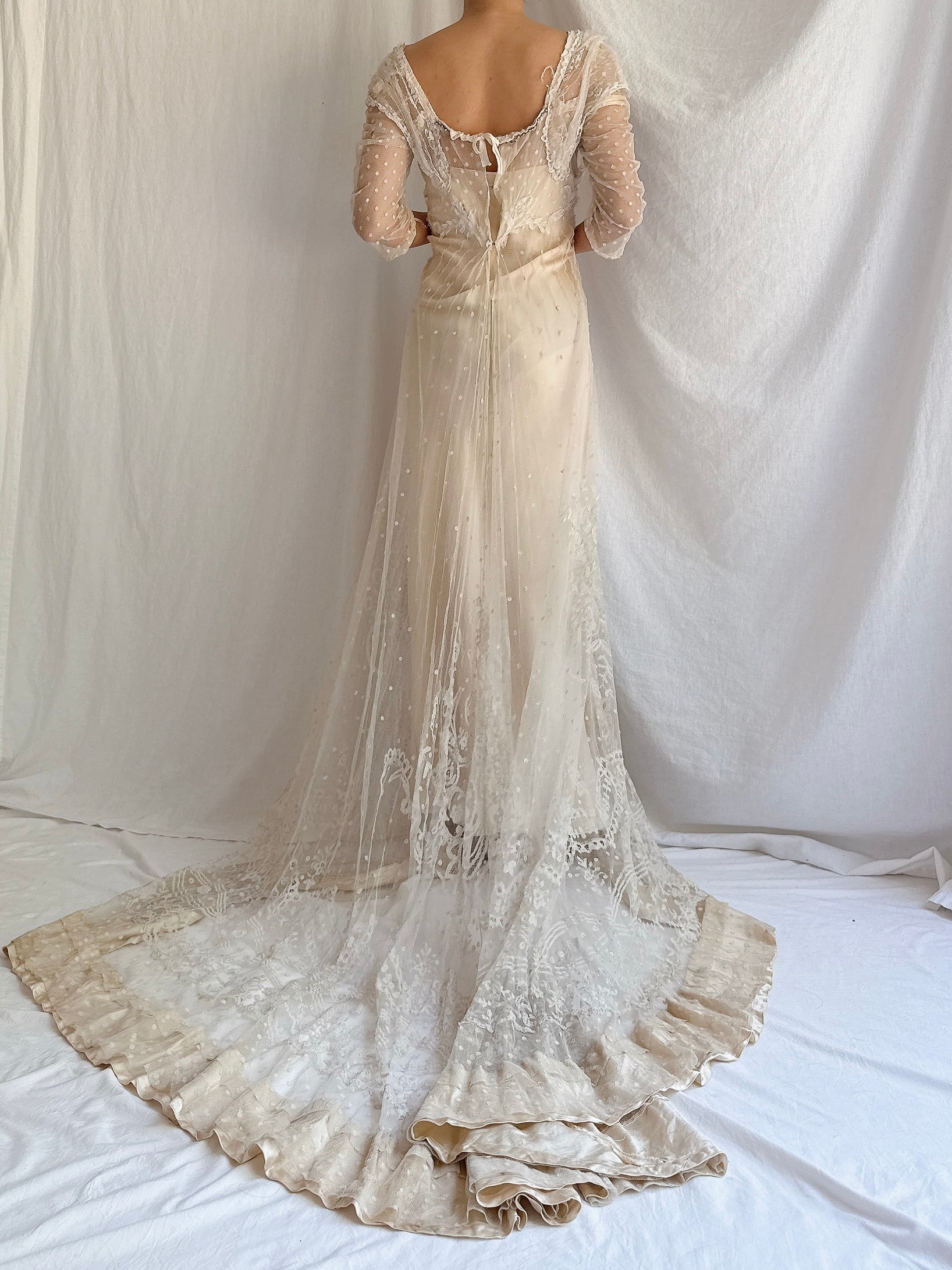 Antique Duchesse Lace Gown with Silk Slip - S