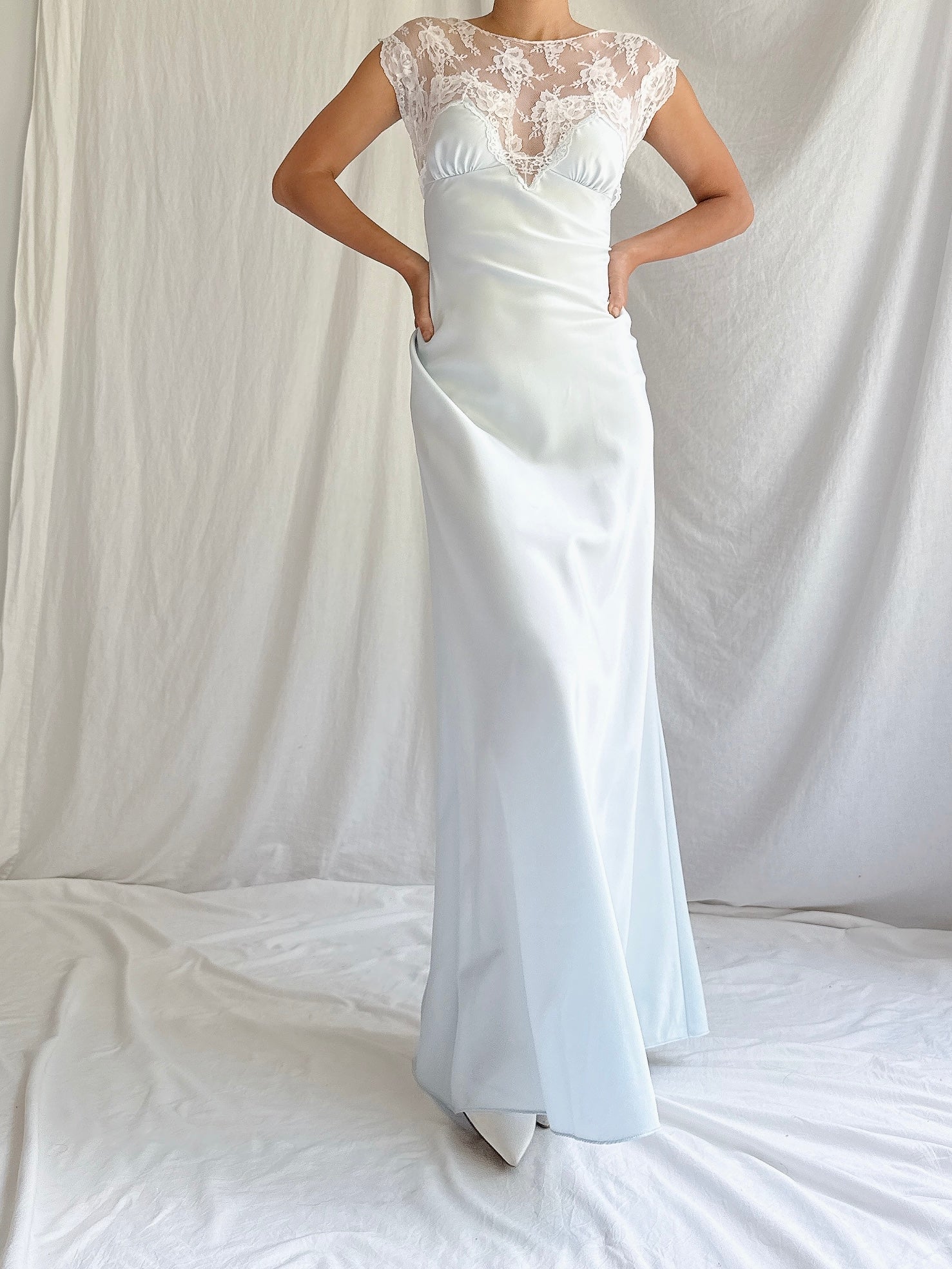 1980s Light Blue Nylon Lace Dress - M