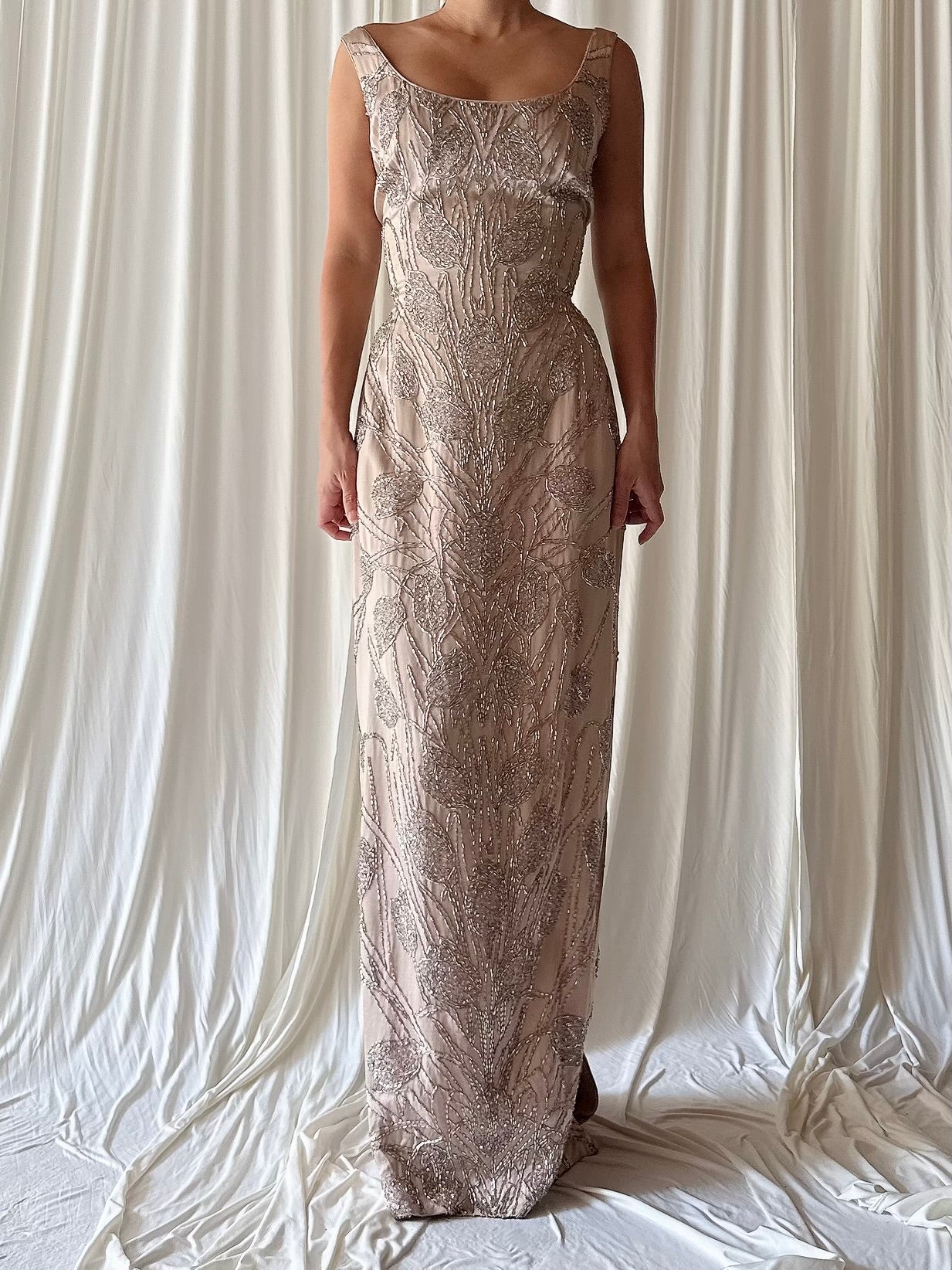 1960s Dusty Pink Silk Beaded Gown - S/M