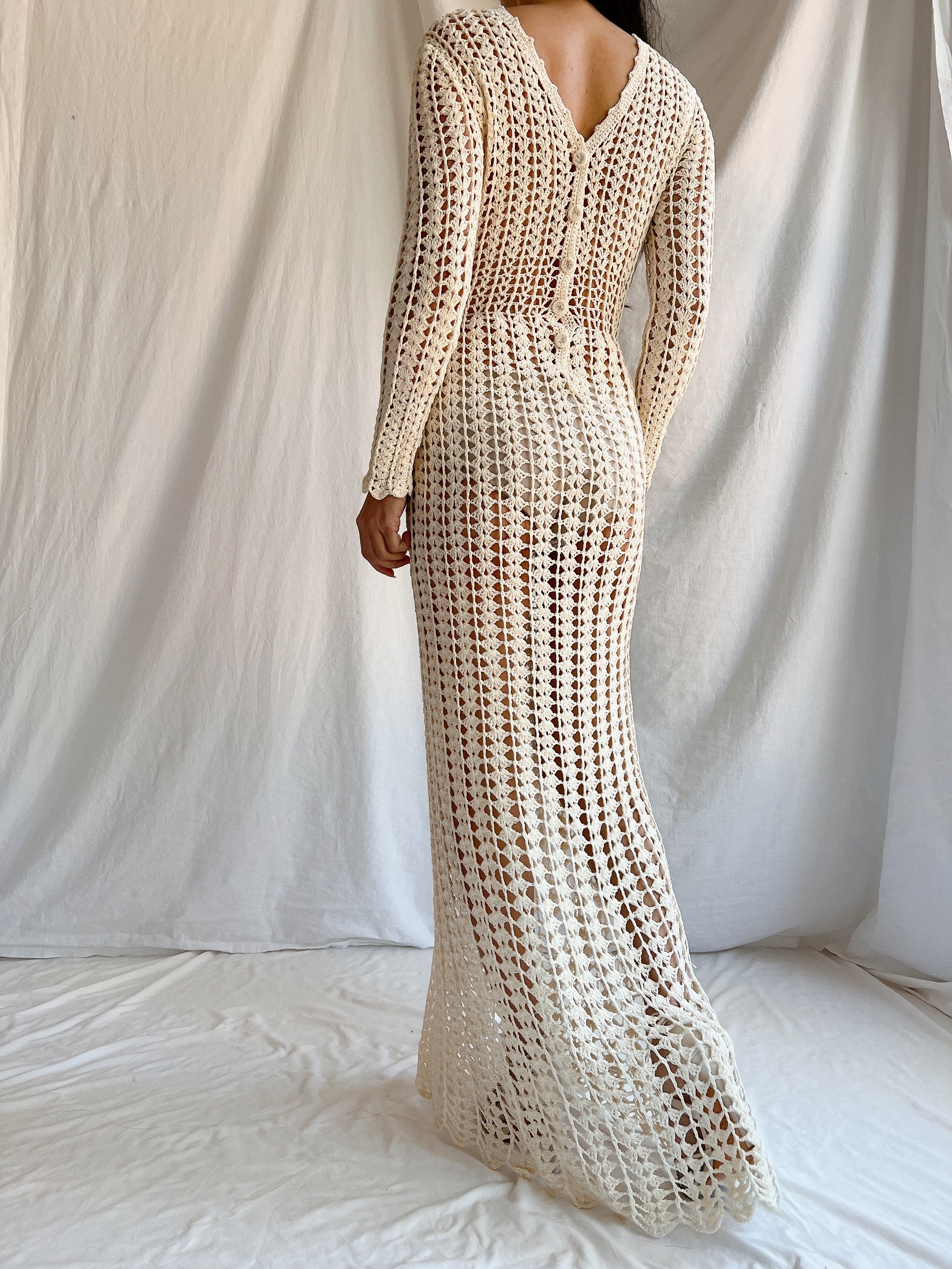 1970s Reversible Crochet Long Sleeve Dress - S