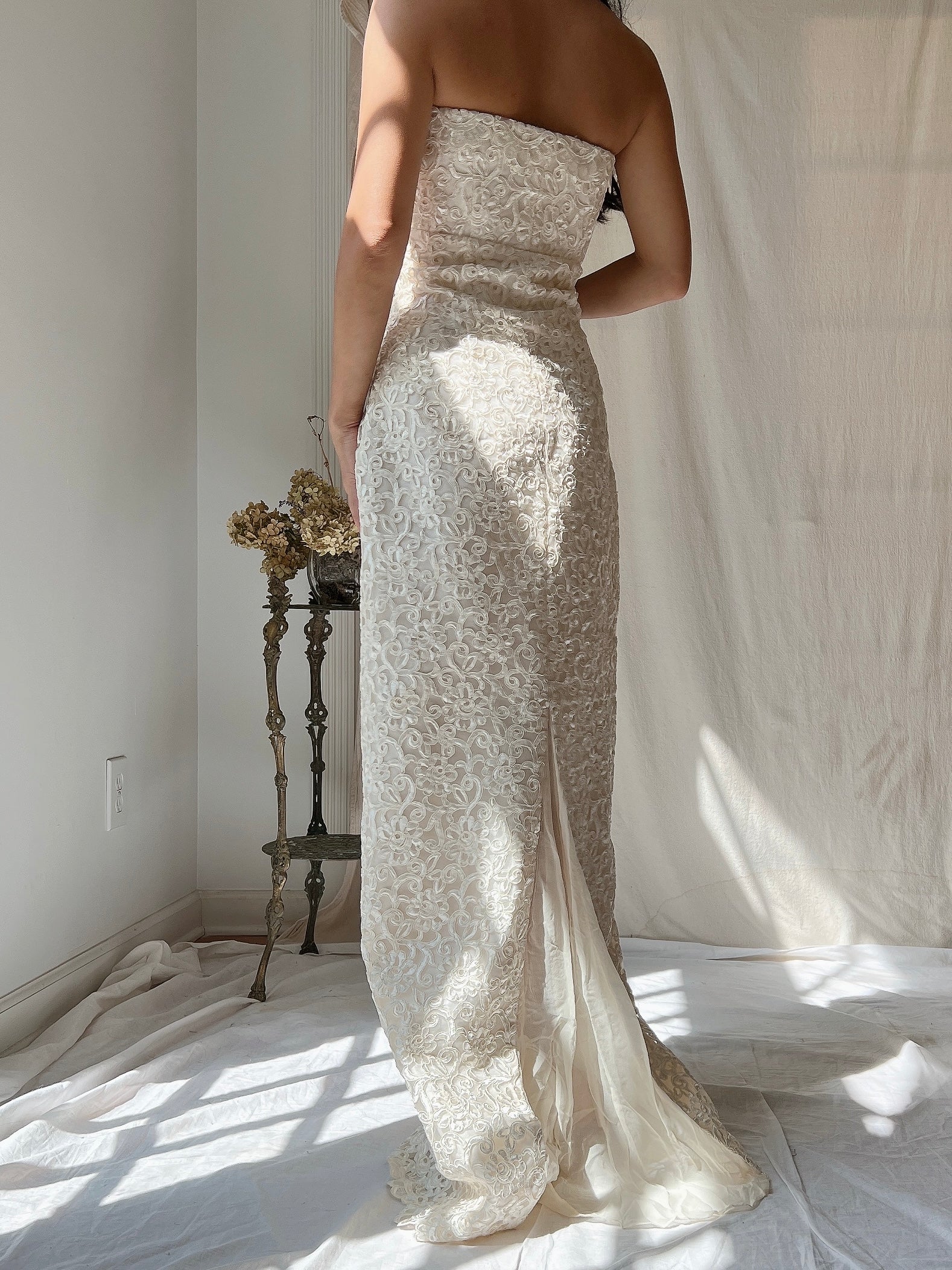 Vintage Silk Embroidered Column Gown - S/6