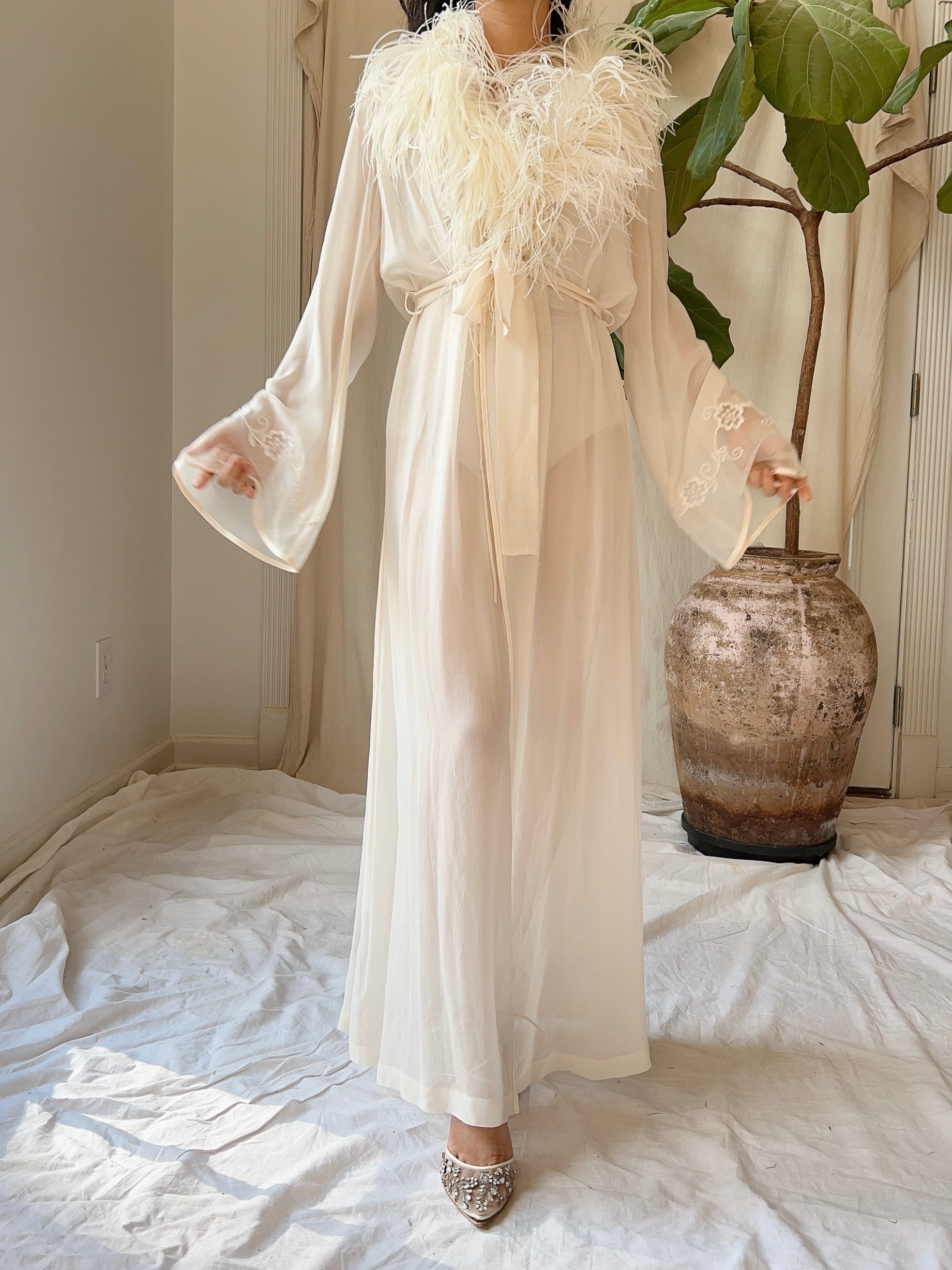 Vintage Silk Chiffon Feather Robe - S-M