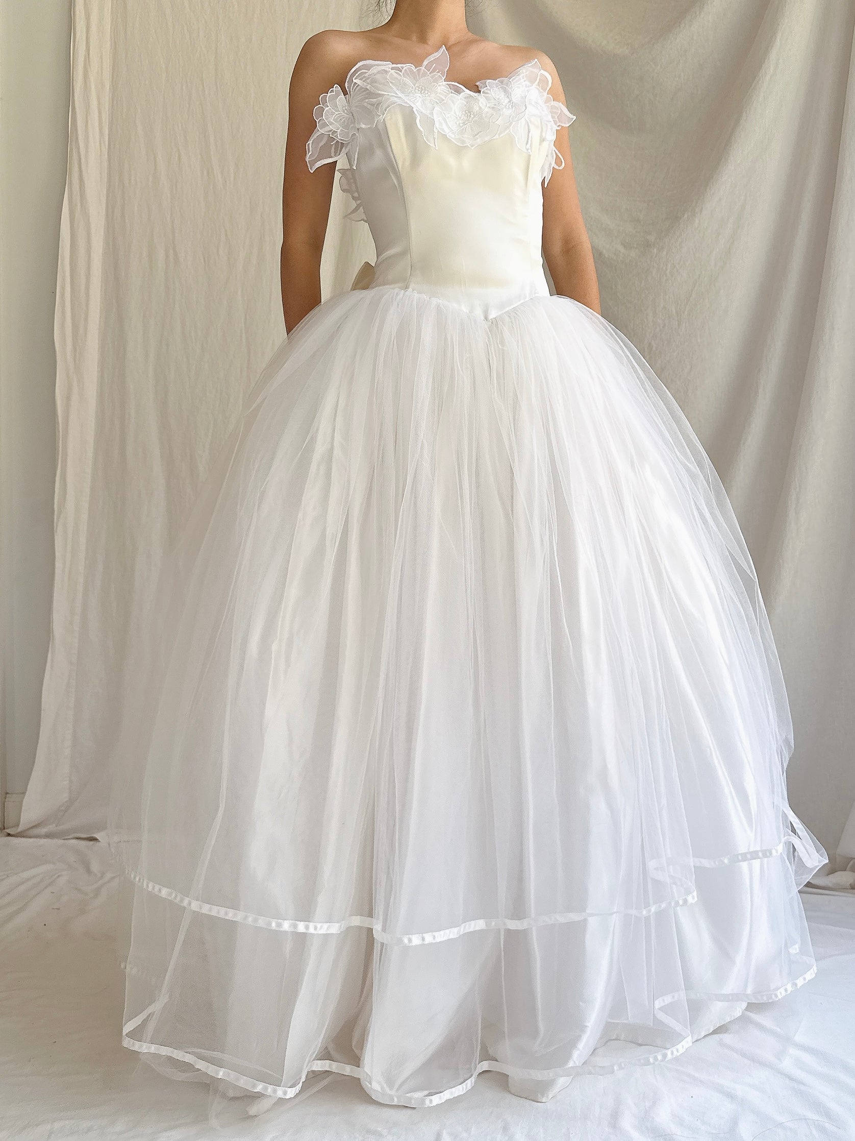 Vintage Strapless Applique Tulle Dress - S