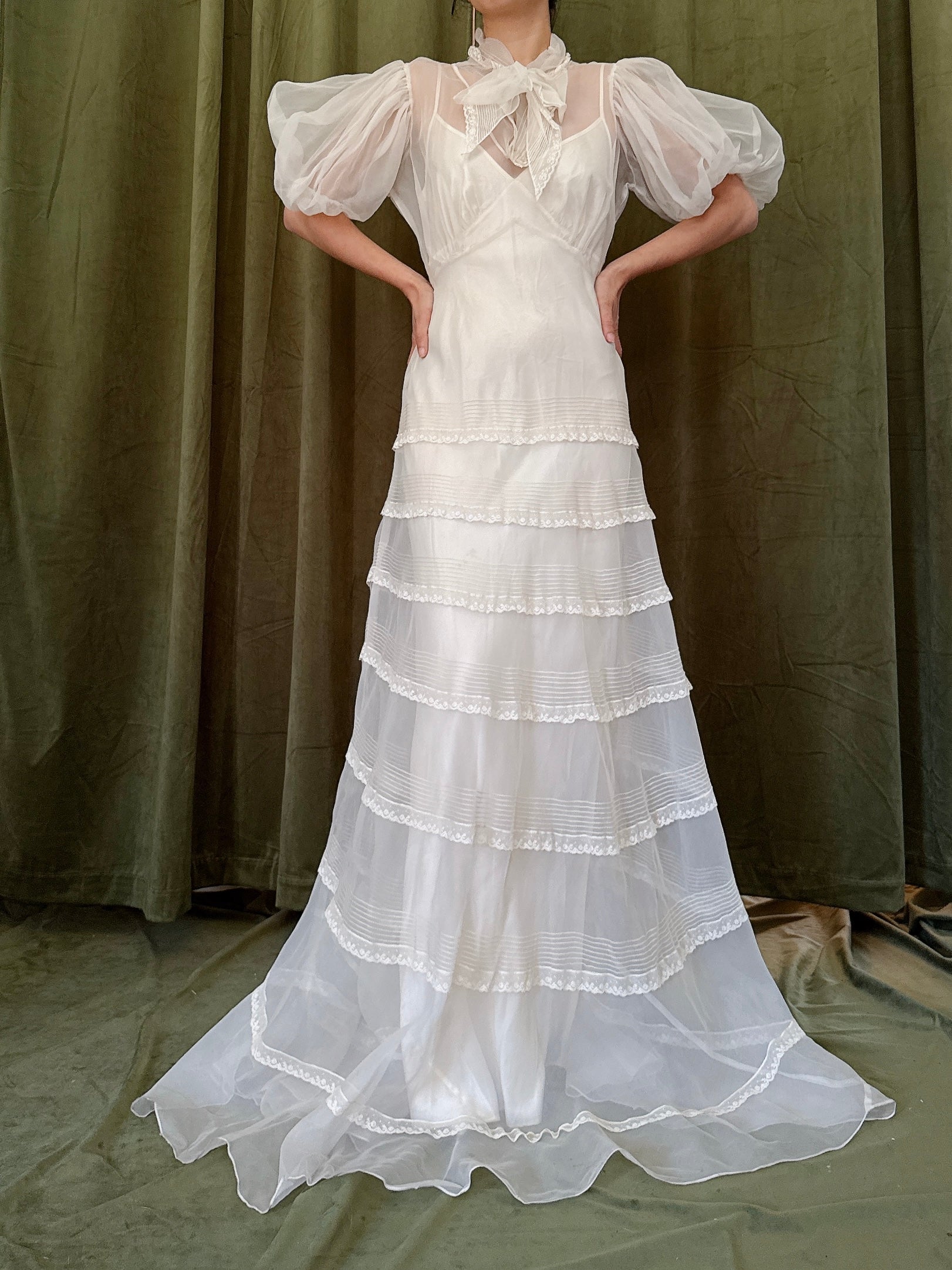 1930s Silk Organza Puff Sleeve Gown - XS