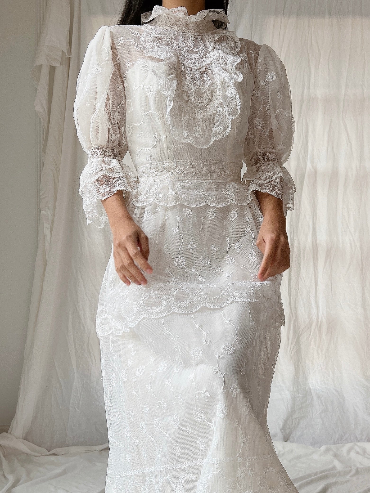 Vintage Needle Lace Puff Sleeve Gown - S