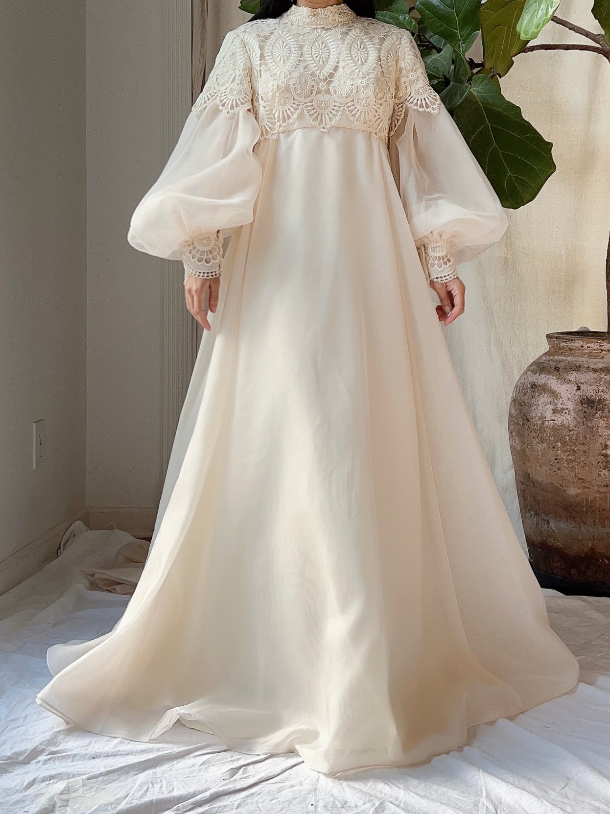 Vintage Puff Sleeves High Neck Gown - M