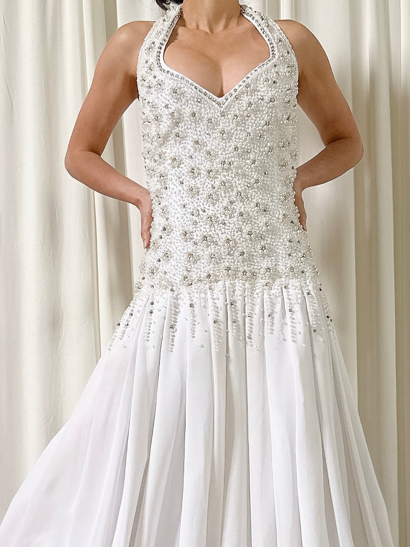 Vintage Terry Couture White Beaded Dress - Size 6
