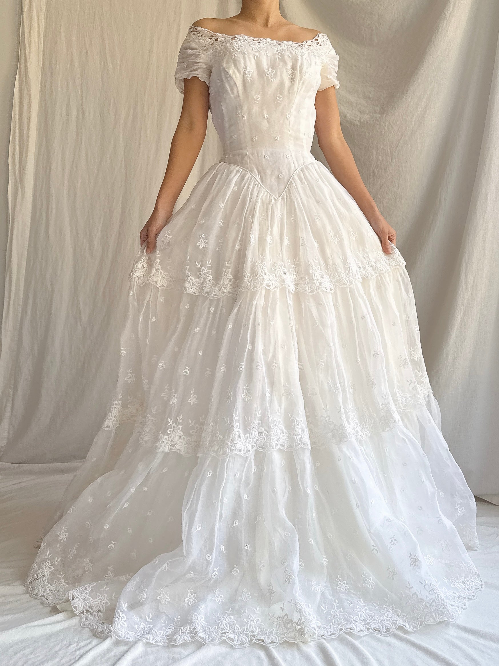 RESERVED for Colette 1950s Organdy Embroidered Gown - XS