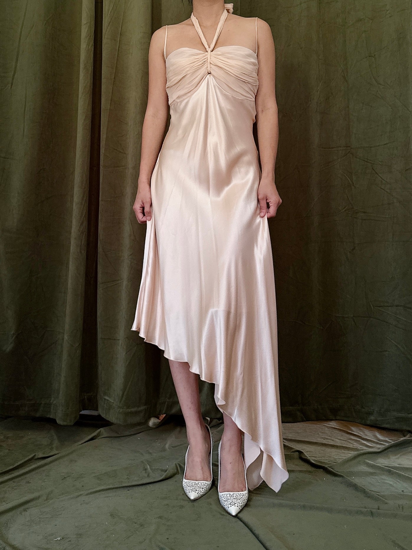 Vintage Peach Silk Halter Dress - M