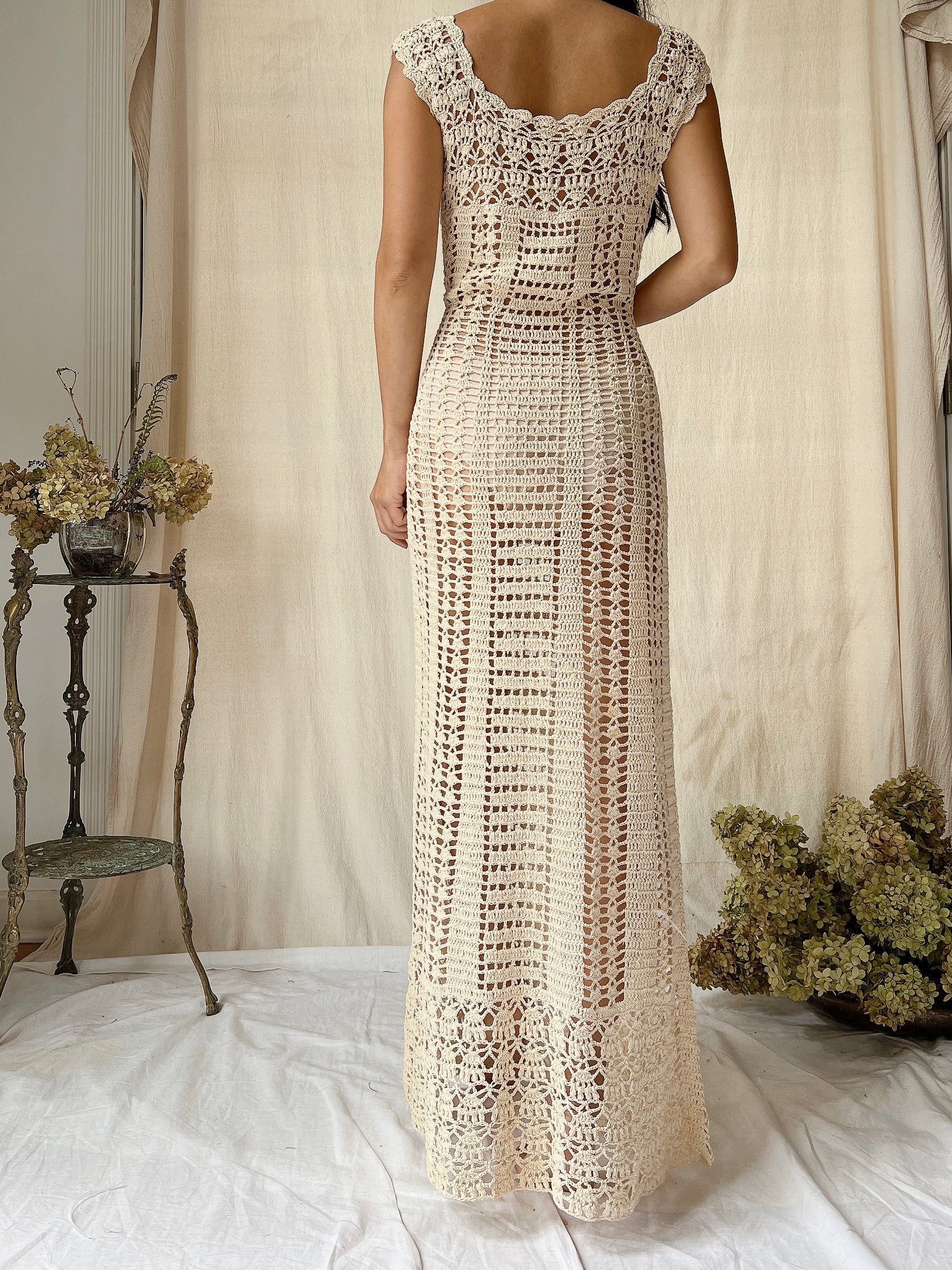 1970s Eggshell Crochet Dress - S-L