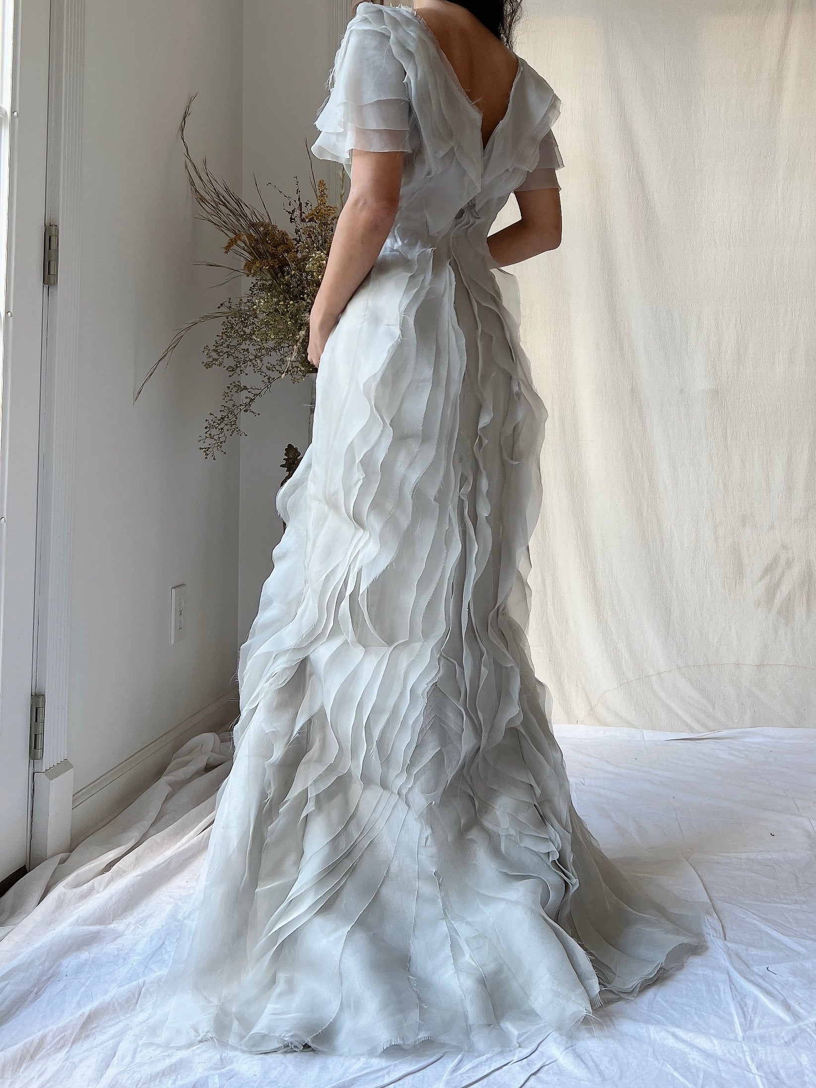 Vintage J. Mendel Smoke Gray Silk Organza Ruffle Gown - M/L 8/10