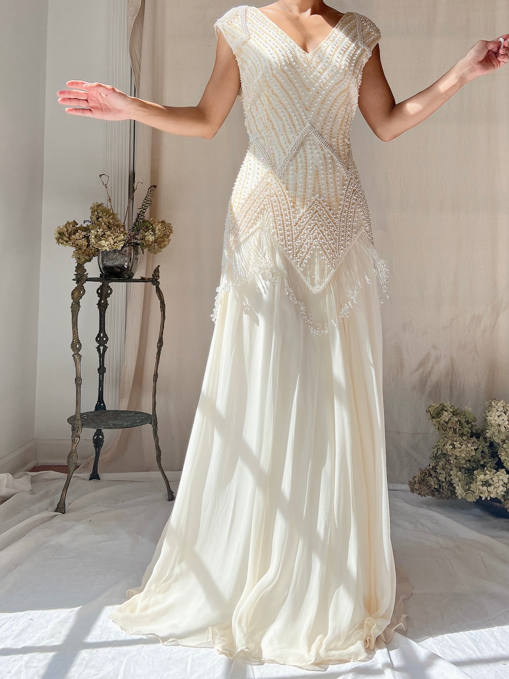 Vintage Silk Chiffon Pearl Fringe Dress - M(US 6/8)
