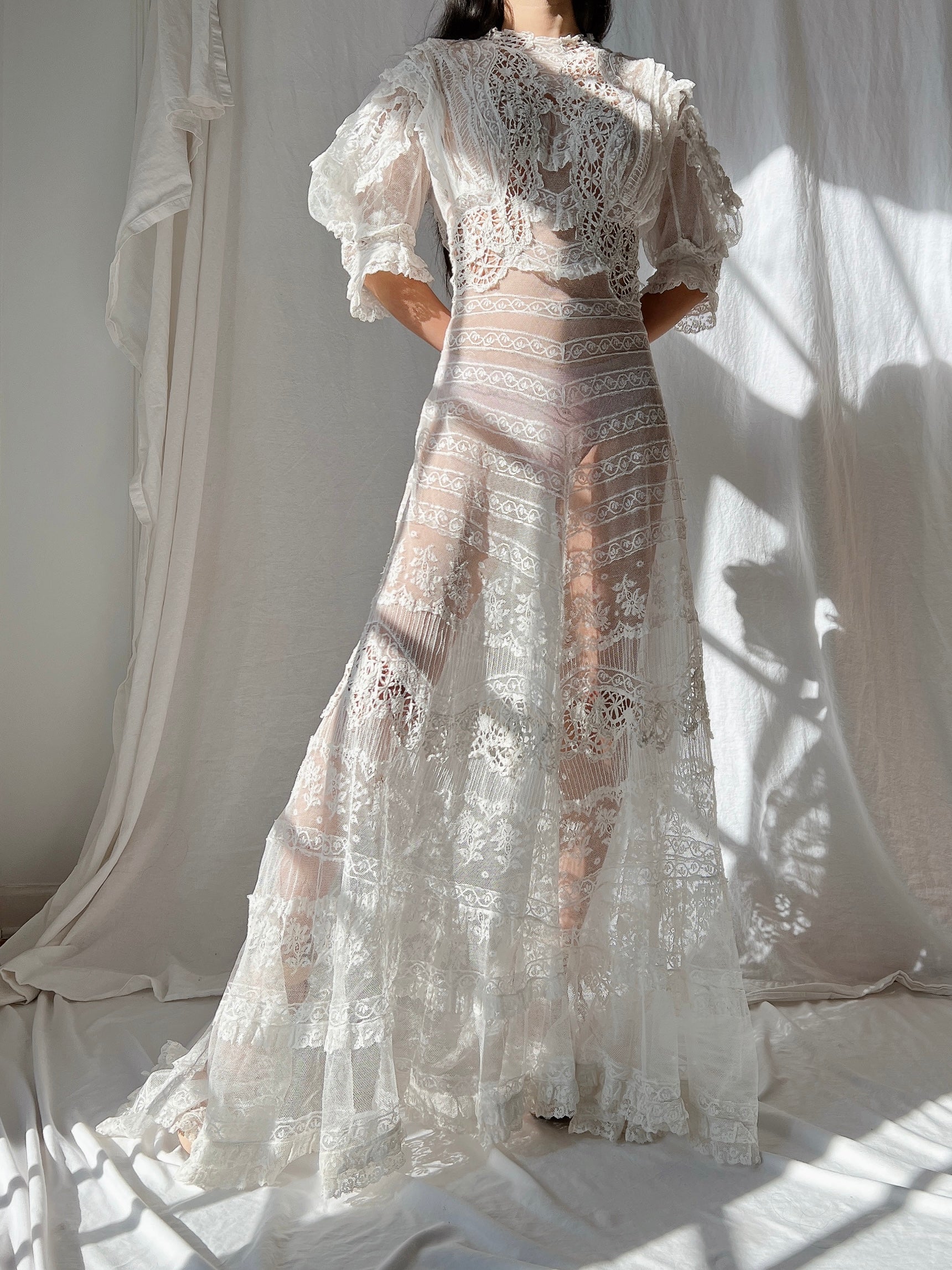 Rare Puff Sleeve Antique Tulle and Valenciennes Gown - S