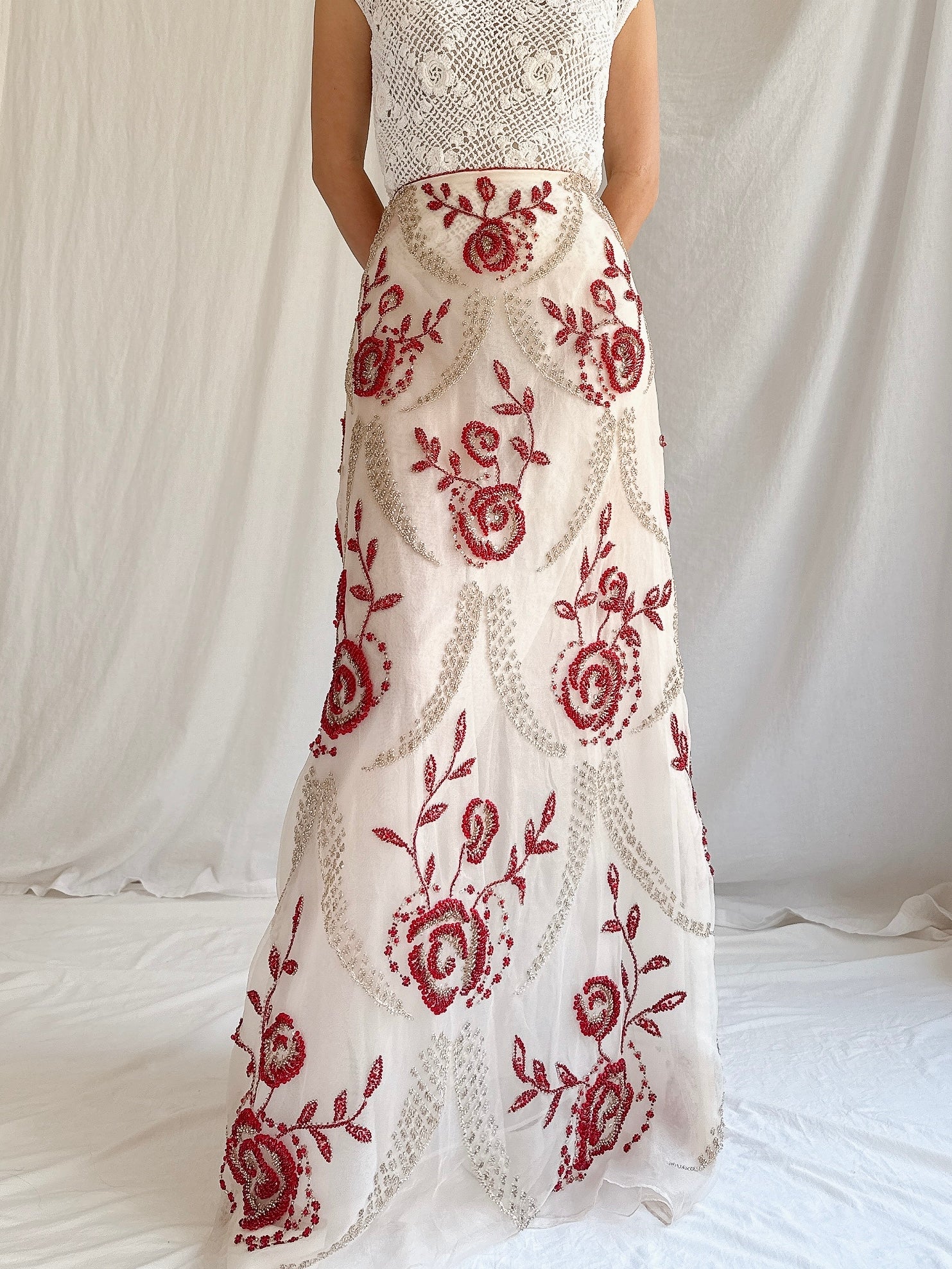 Vintage Handmade Beaded Organza Skirt - 28”