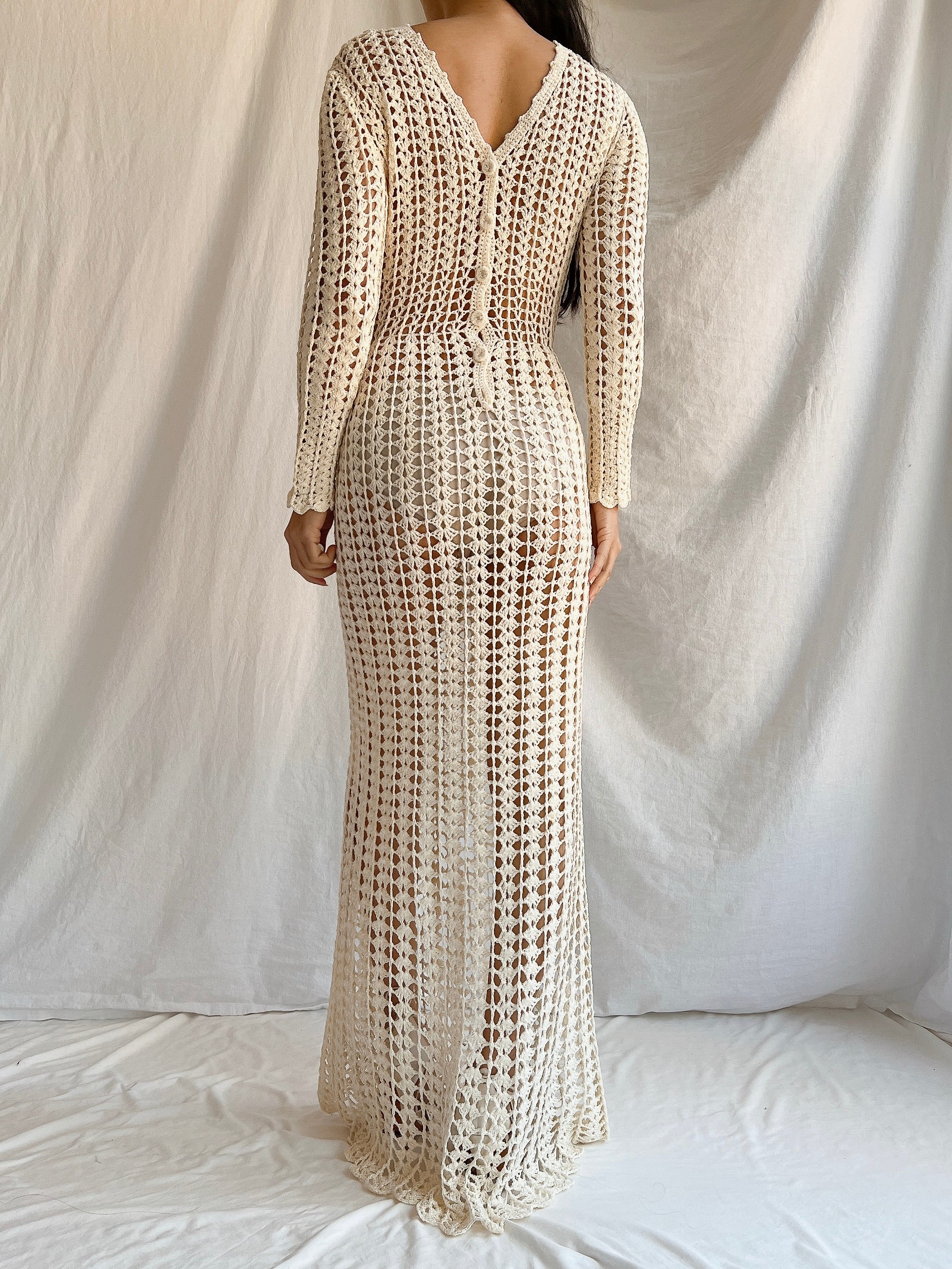 1970s Reversible Crochet Long Sleeve Dress - S