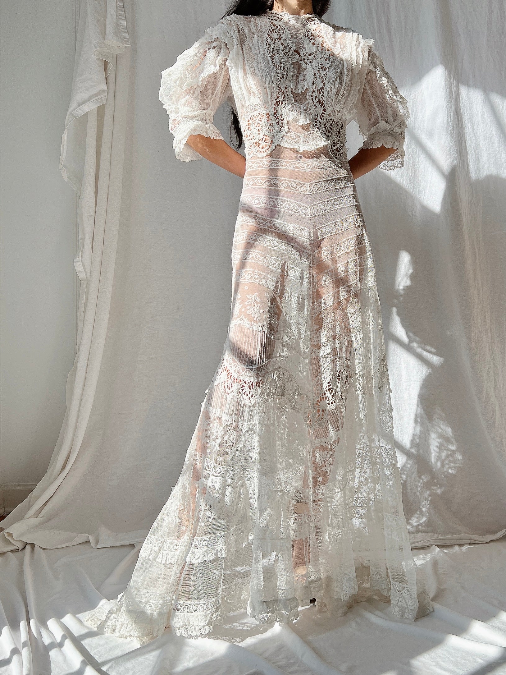 Rare Puff Sleeve Antique Tulle and Valenciennes Gown - S