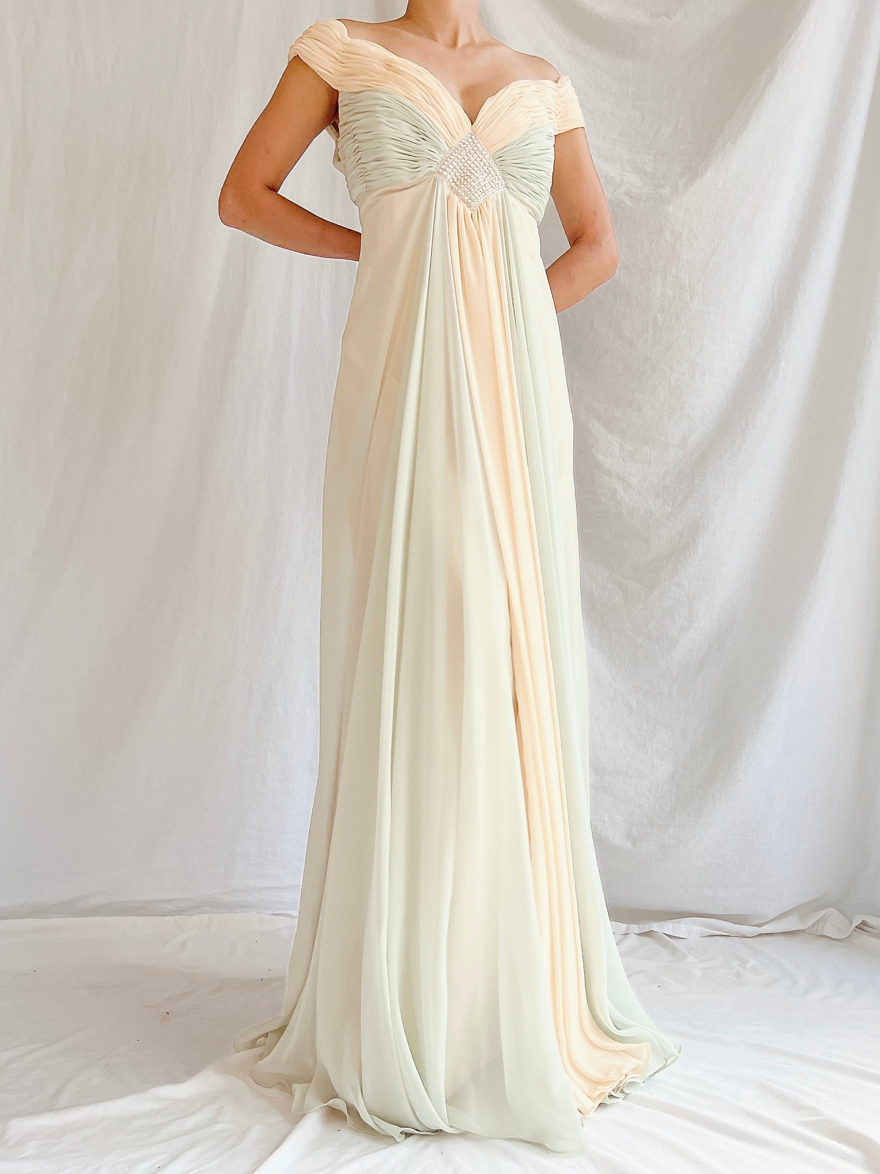 Vintage Rose Taft Seafoam/Butter Yellow Chiffon Gown - S/6