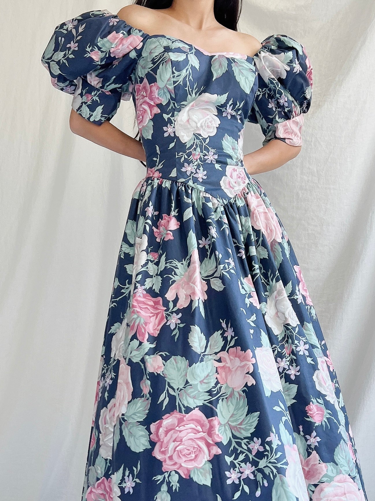 1980s Navy Puff Sleeve Dress - XS